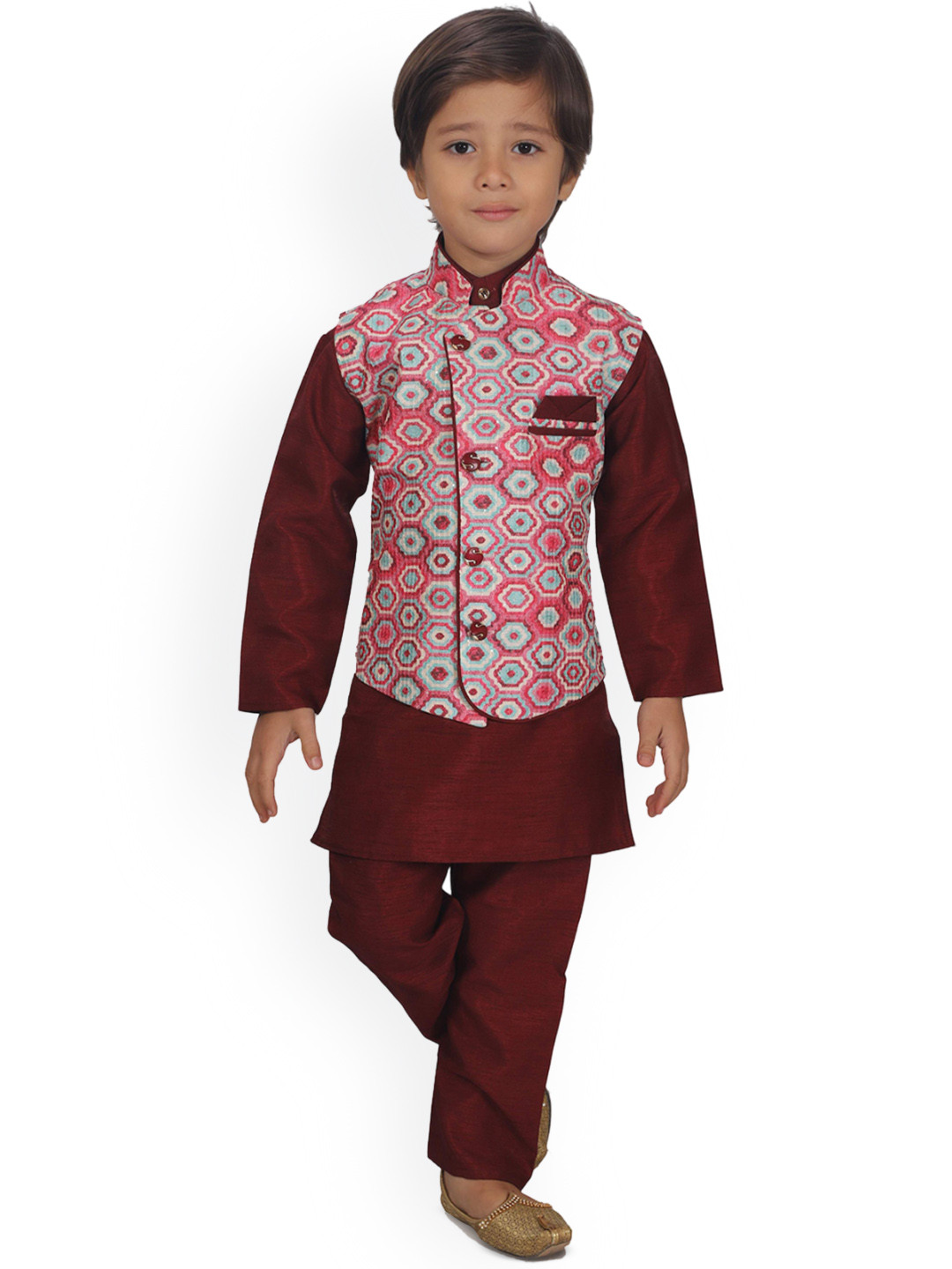 

Arshia Fashions Boys Band Collar Regular Straight Kurta with Pyjamas & Waistcoat, Red