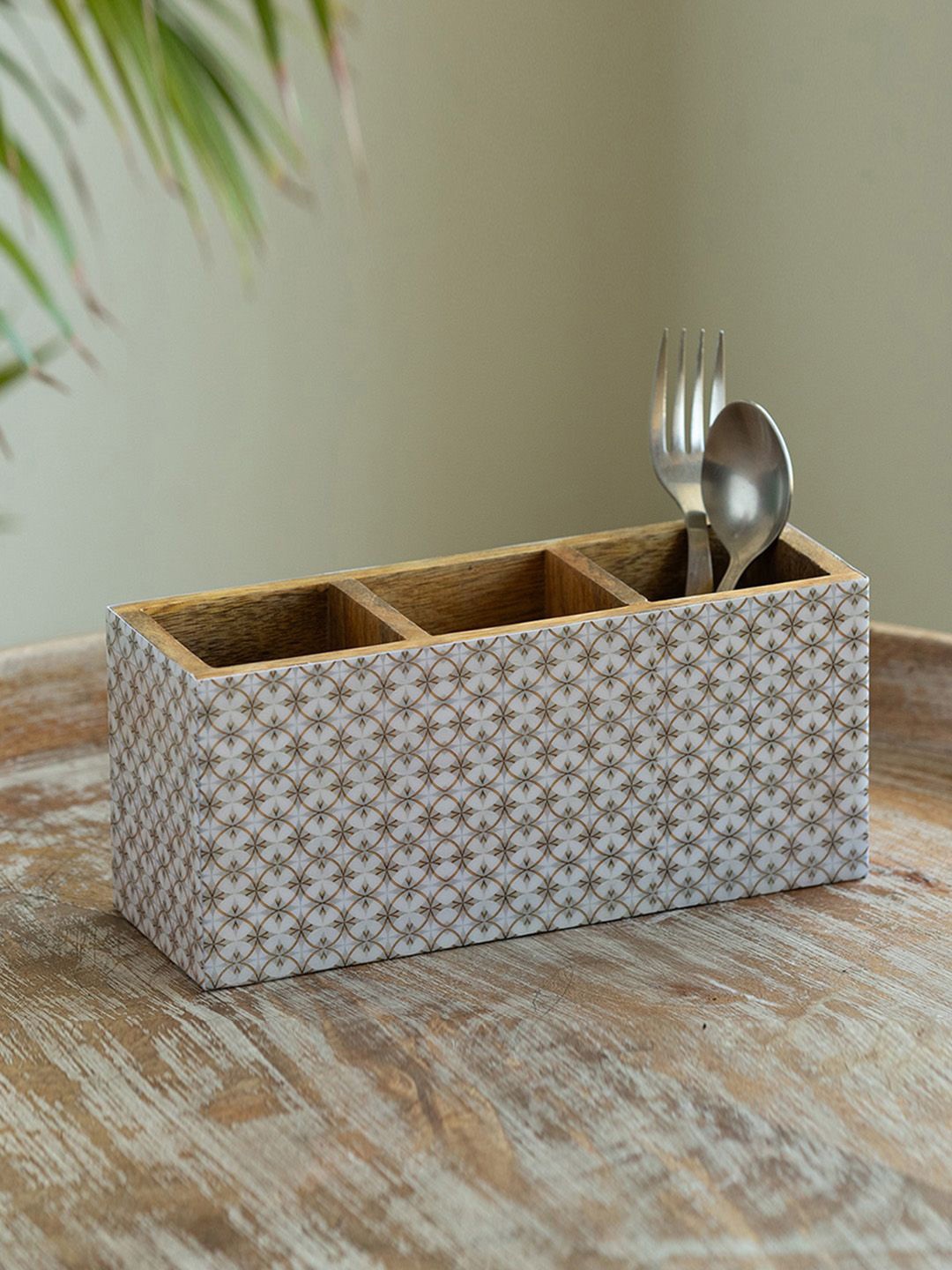 

ExclusiveLane Beige & White Geometric Tales Printed Wooden Cutlery Holder