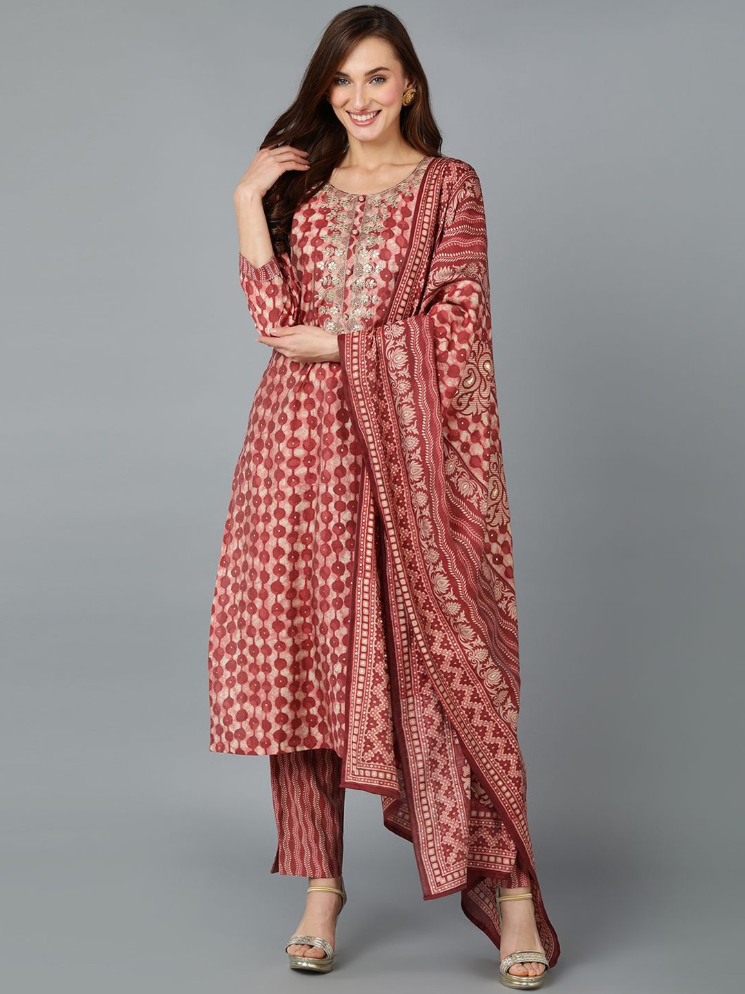 

KALINI Geometric Printed Straight Kurta With Trousers & Dupatta, Maroon