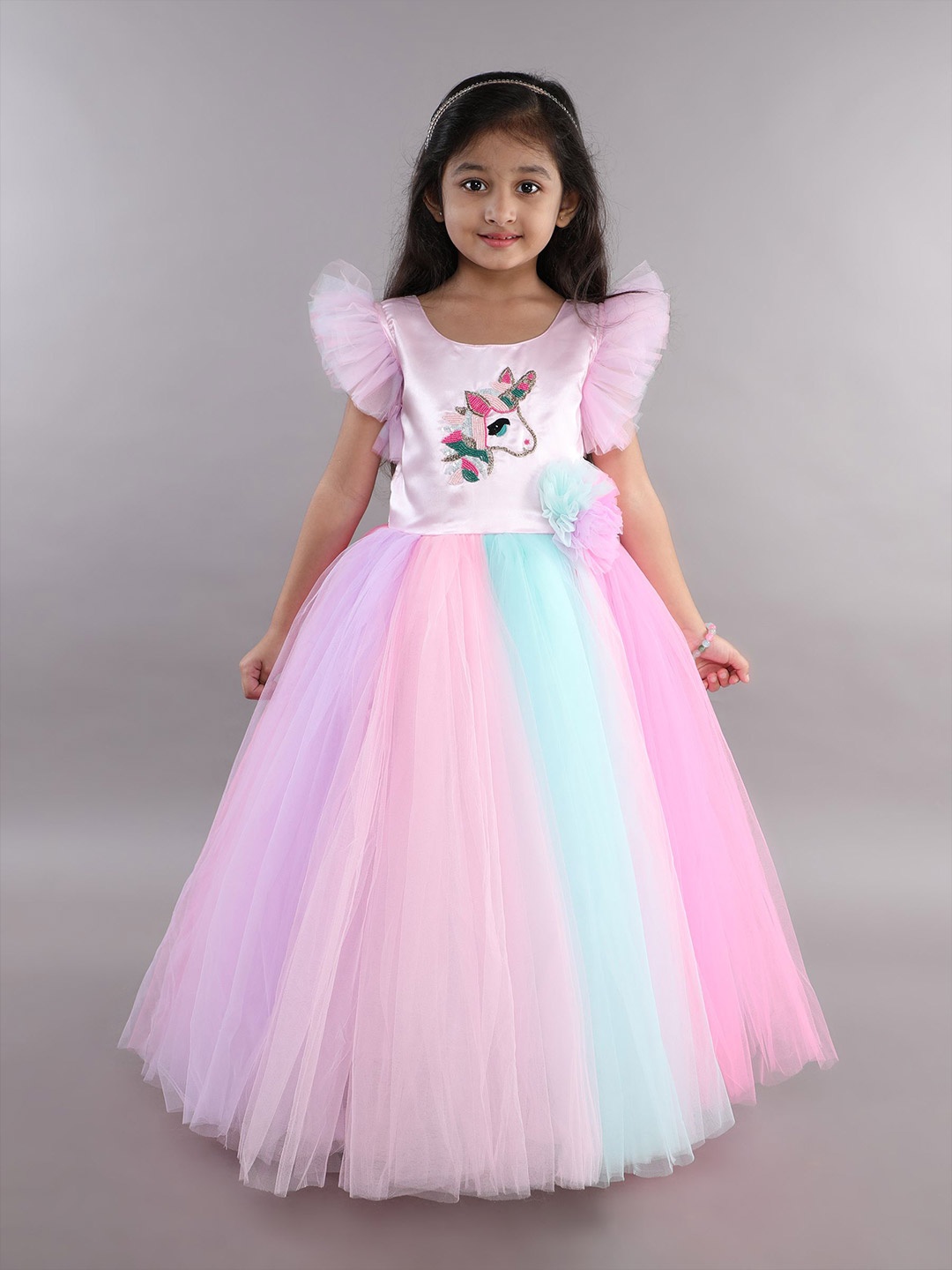 

Pink Chick Girl Colourblocked Flutter Sleeve Net Fit & Flare Maxi Dress