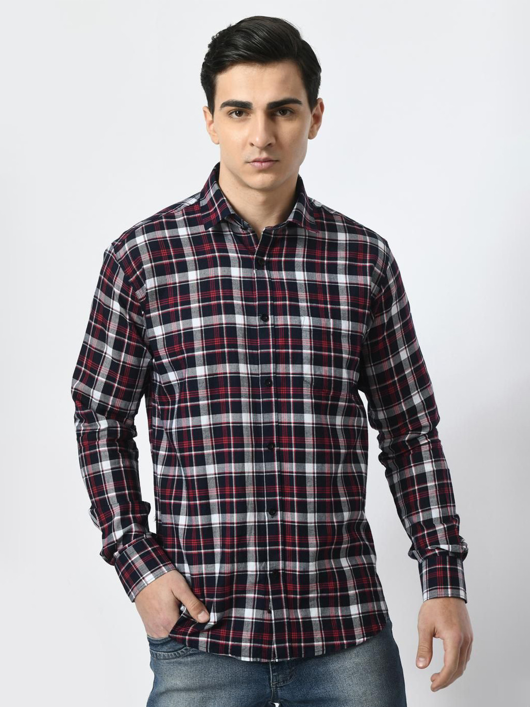 

PEBCO Men Classic Spread Collar Tartan Checked Cotton Slim Fit Casual Shirt, Maroon
