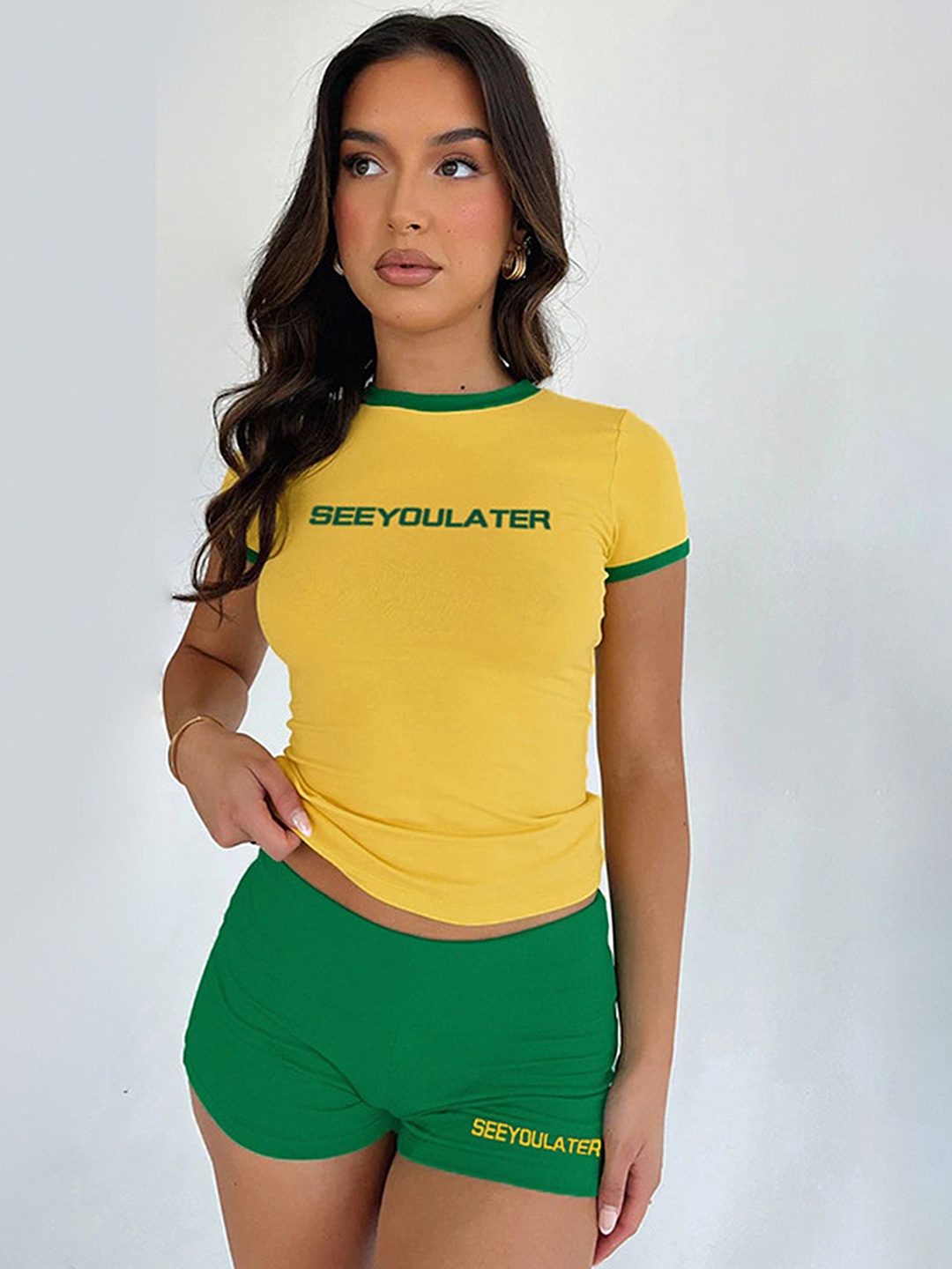

LULU & SKY Printed Round Neck T-shirt with Shorts, Yellow