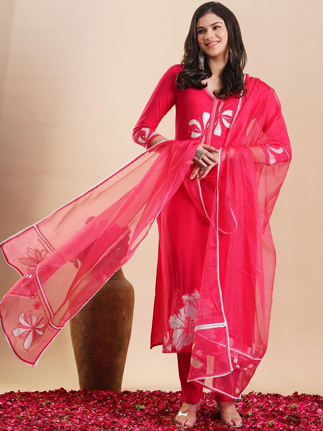 

KALINI Floral Printed V-Neck Straight Kurta with Trousers & Dupatta, Pink