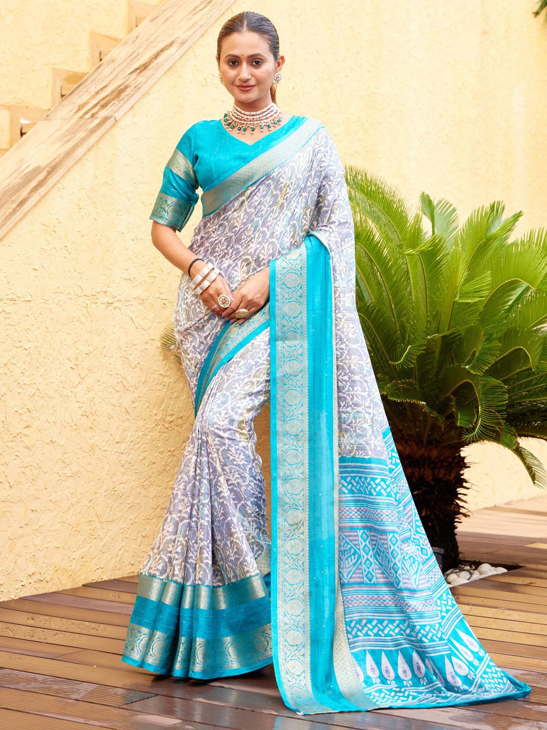 

Anouk Ethnic Motifs Zari Sungudi Grey Dola Printed Festive Wear Saree with Matching Blouse