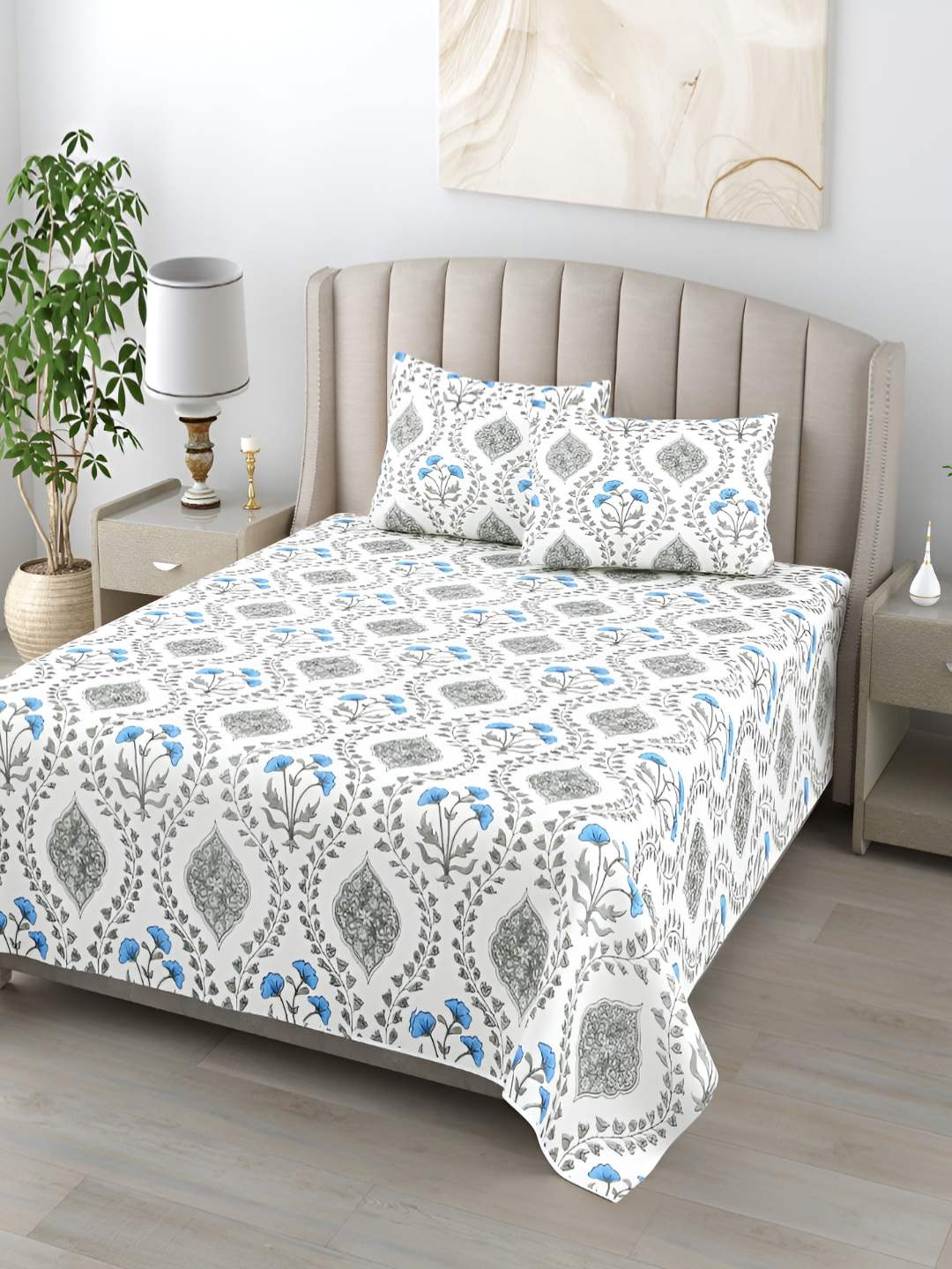 

Jinaya's Anokhi White & Grey Floral 210 TC Pure Cotton King Bedsheet With 2 Pillow Covers