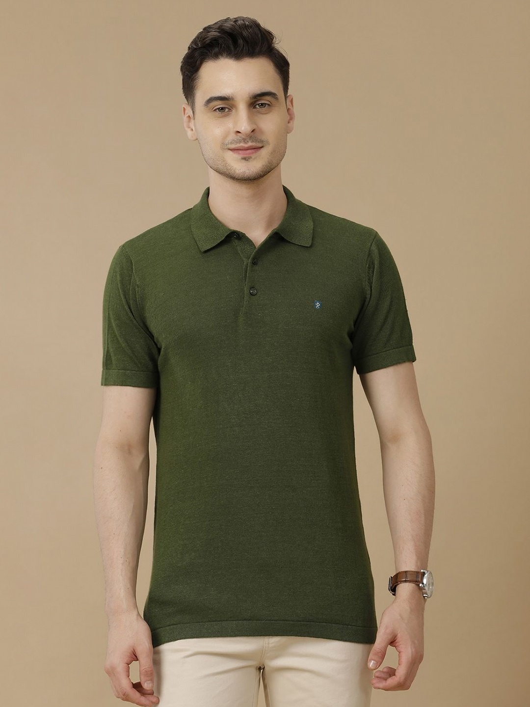 

Linen Club Men Polo Collar Slim Fit T-shirt, Green