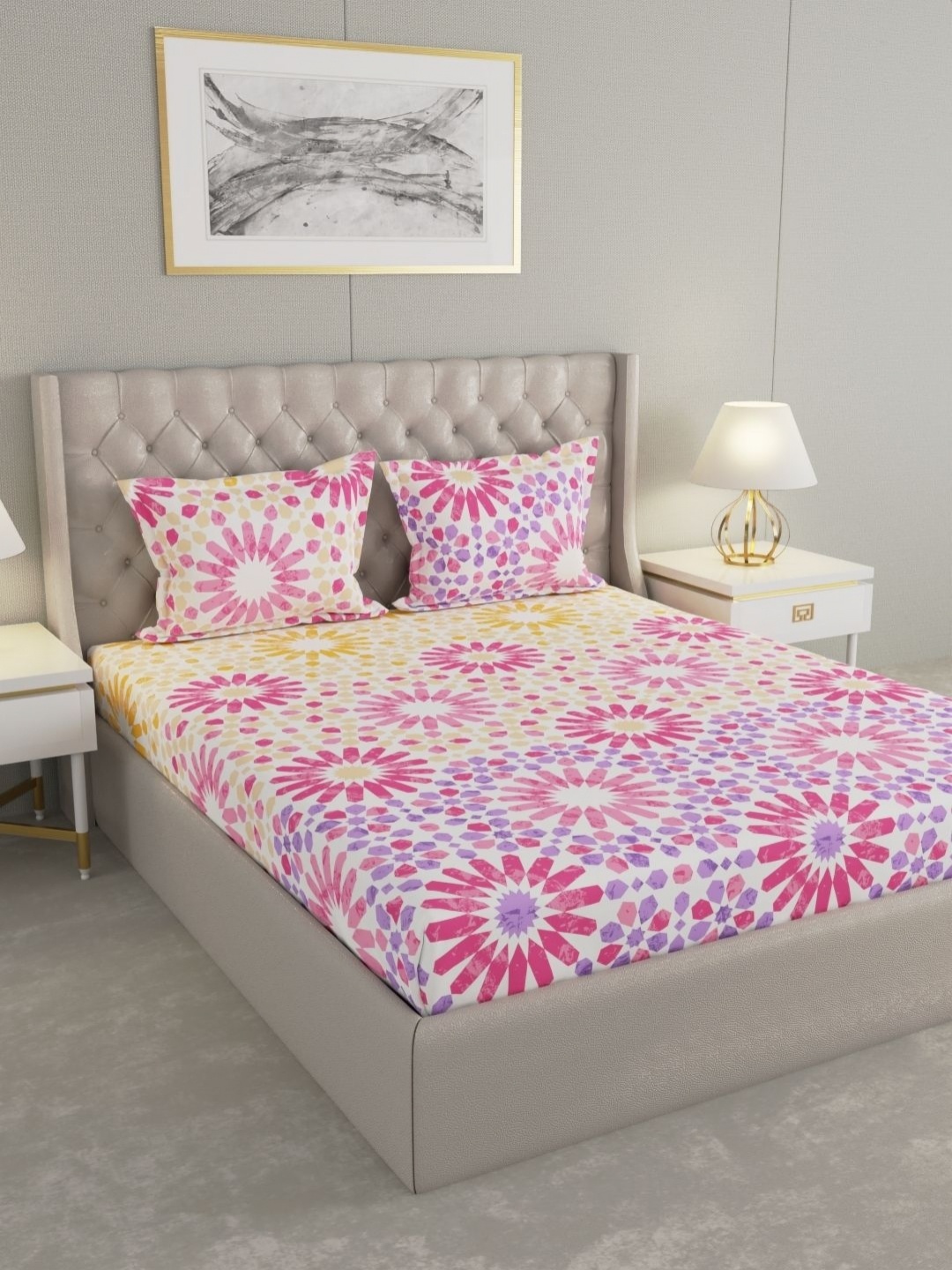 

Raymond Home Shubham Pink Printed Cotton 120 TC King Bedsheet with 2 Pillow Covers