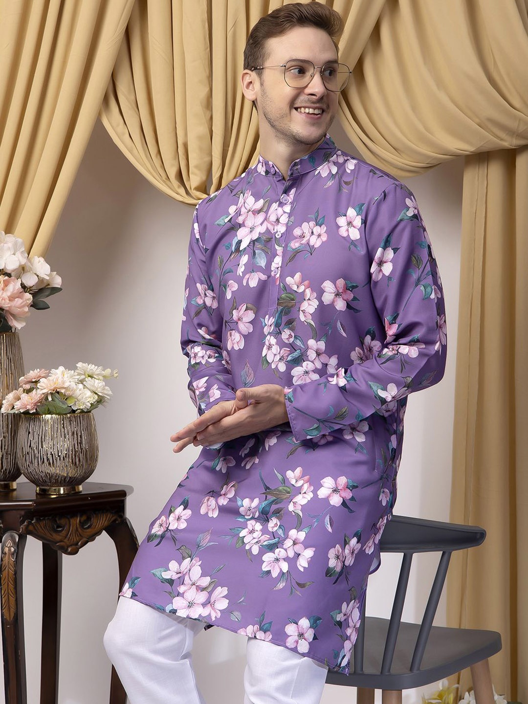 

Hangup Floral Printed Band Collar Straight Kurta, Purple