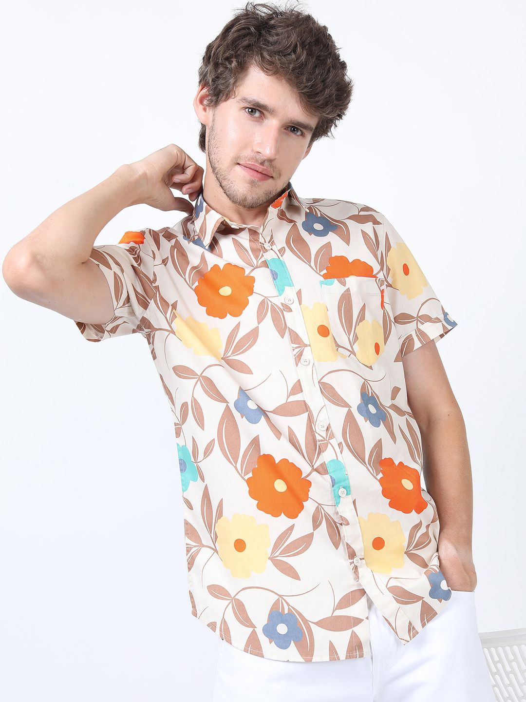 

Ketch Mens Printed Casual Slim Fit Shirt, Beige