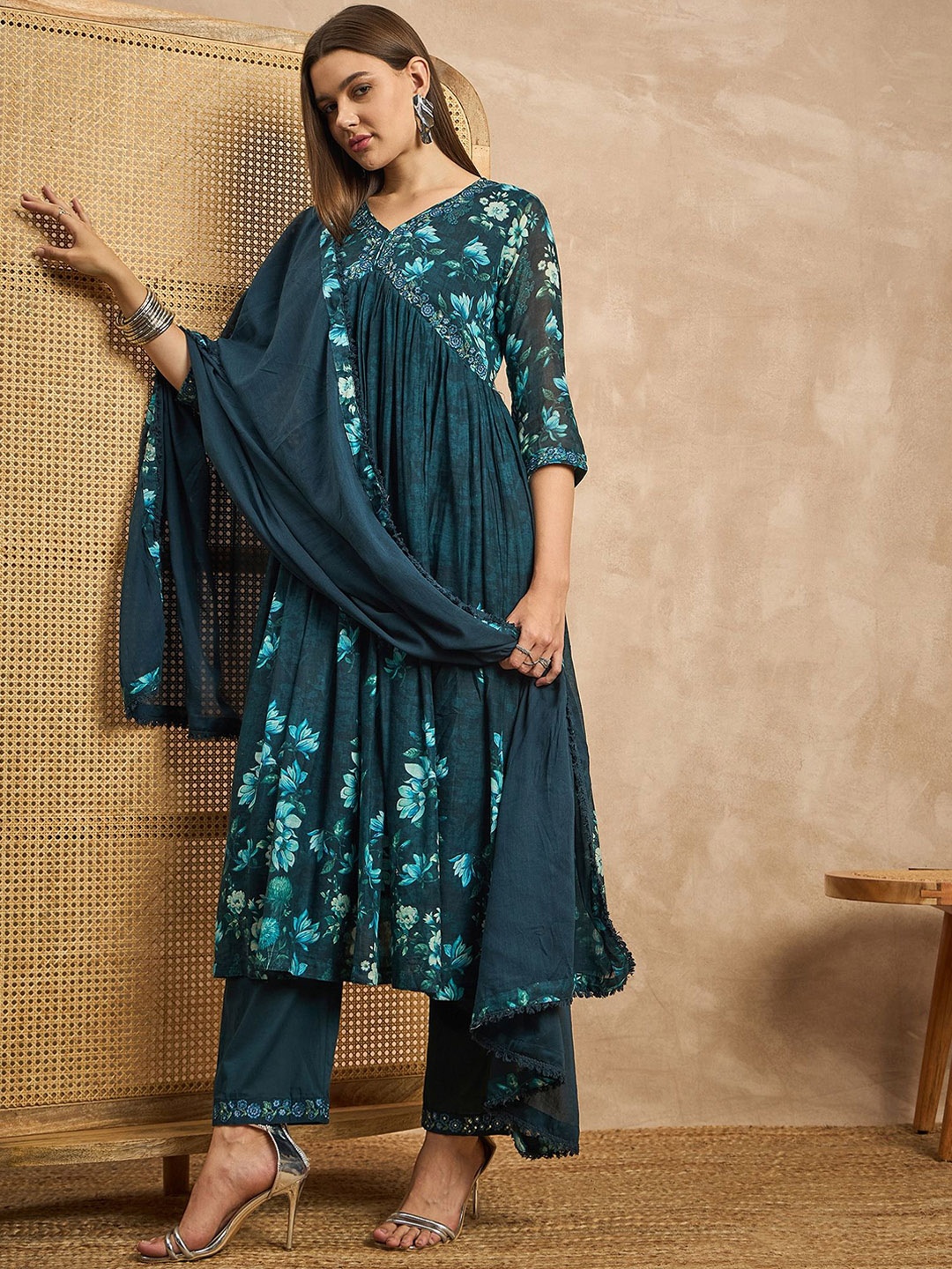 

all about you Floral Printed Empire Thread Work Anarkali Kurta with Trousers & Dupatta, Blue