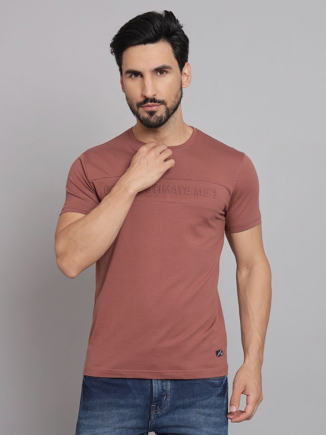 

URBAN TRAIL Men Solid Round Neck Cotton T-shirt, Tan