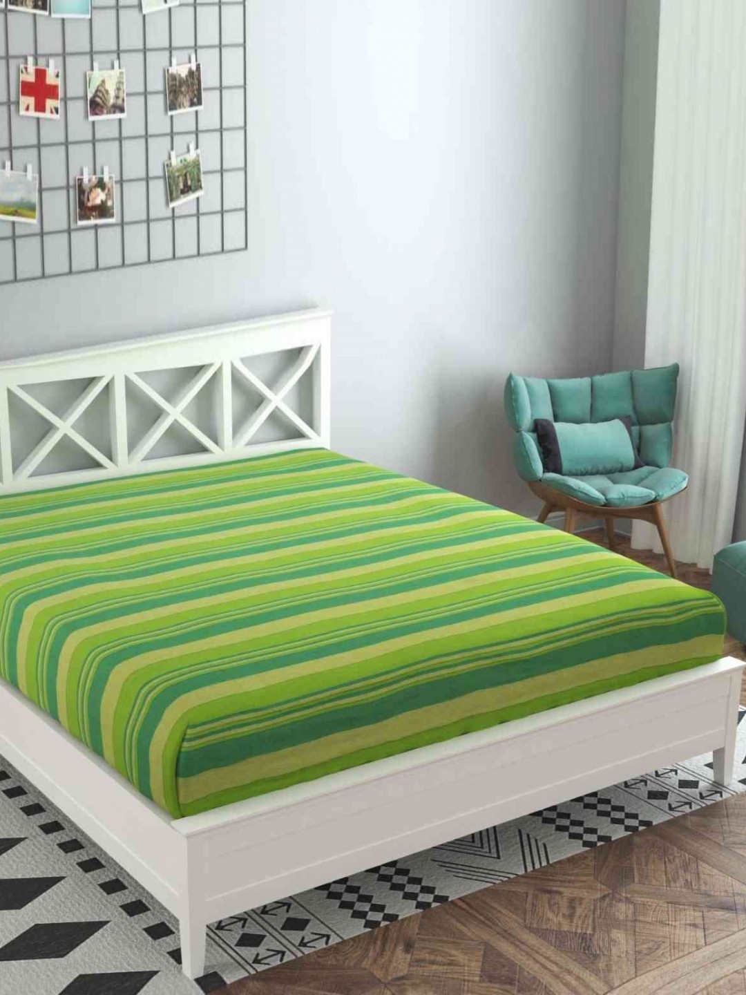 

RANGBHAR Green & Yellow Striped Cotton King Size Bed Cover