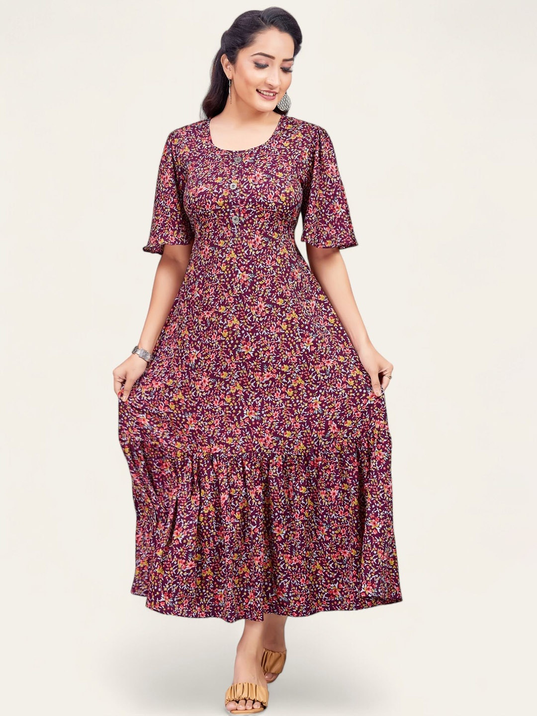 

PAMPER YOURSELF Floral Printed Fit and Flare Maxi Dress, Purple