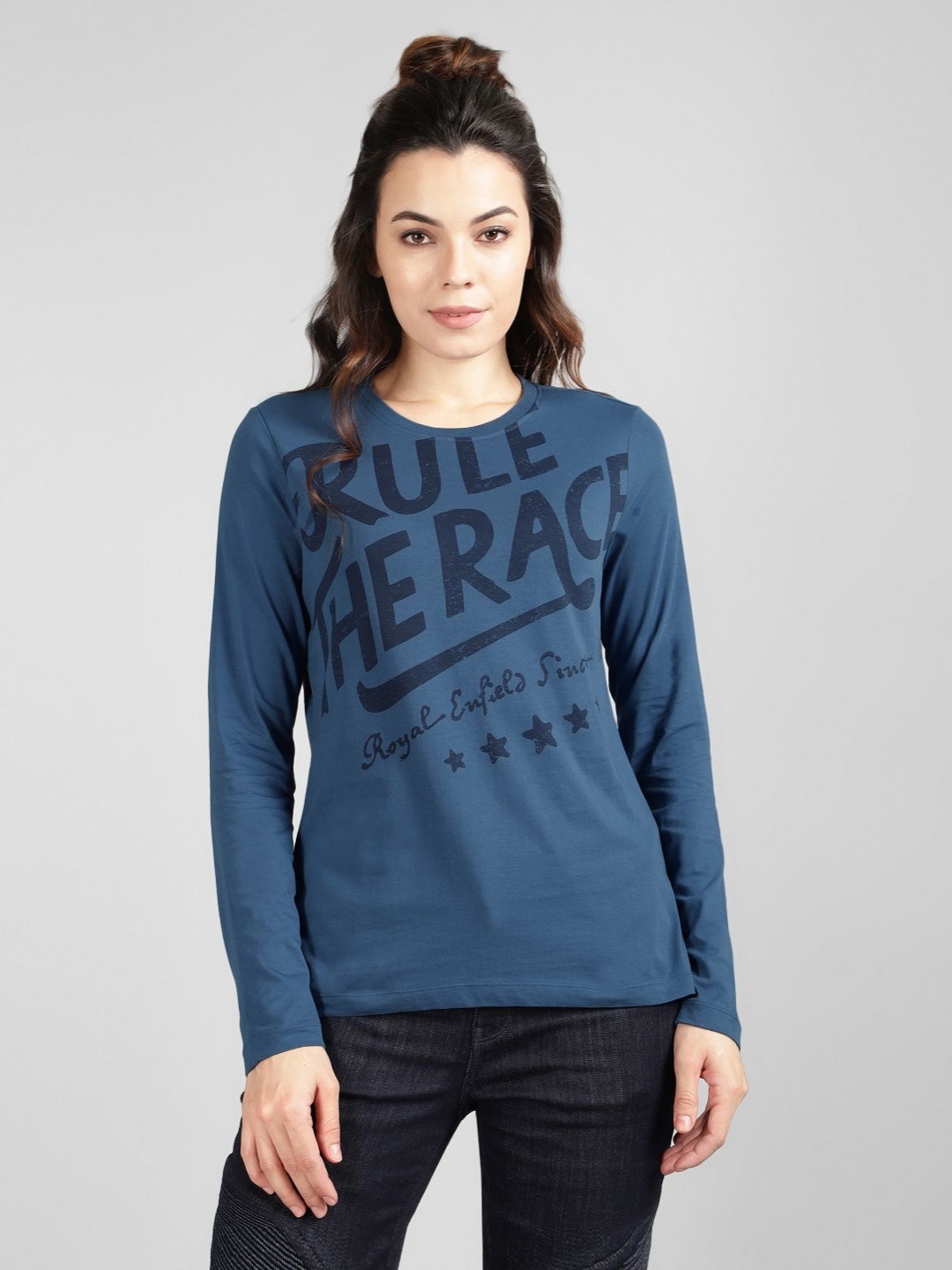 

Royal Enfield Women Typography Printed Round Neck Cotton T-shirt, Blue