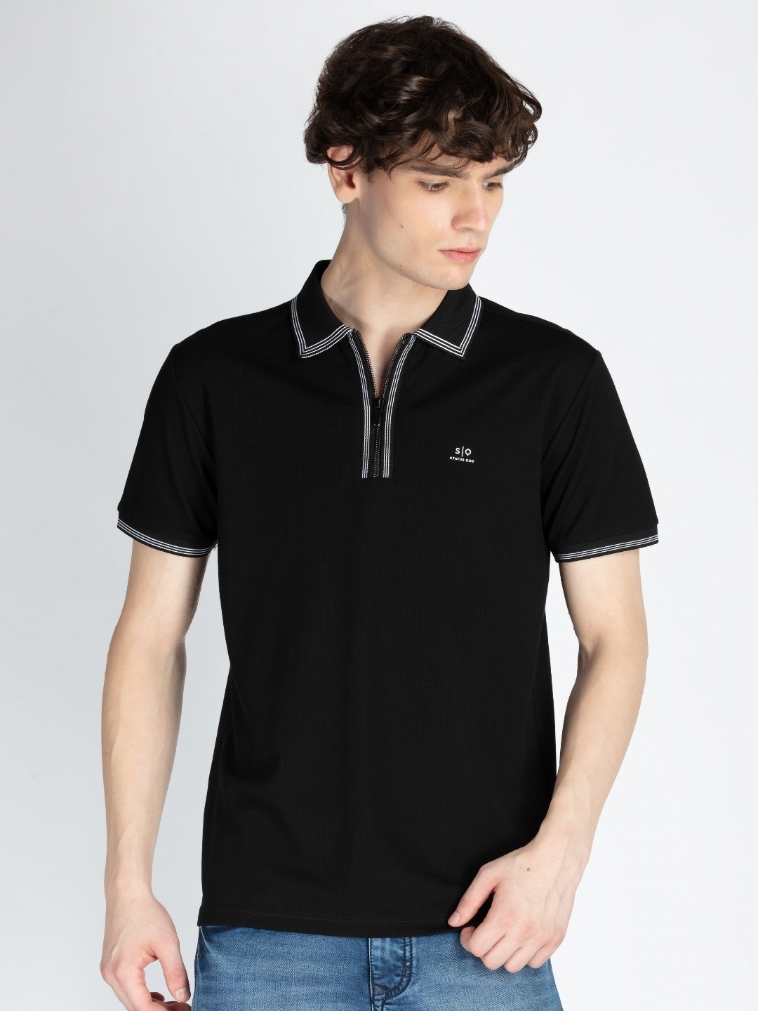 

Status Quo Men Solid Polo Collar T-shirt, Black