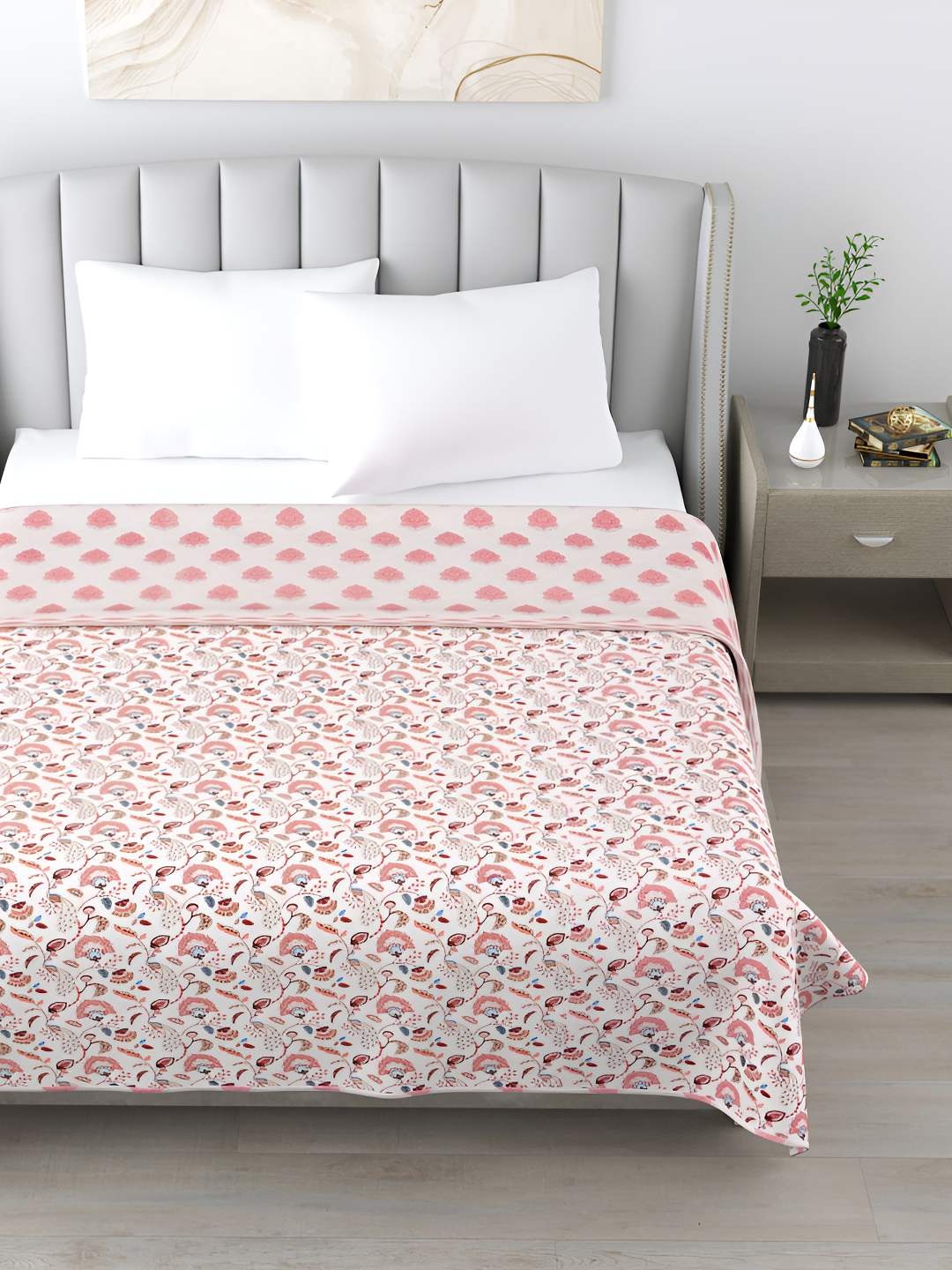 

Jinaya's Pink & Off White Floral AC Room 300 GSM Cotton Reversible Single Bed Dohar