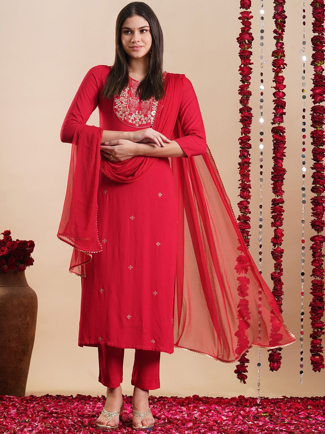 

KALINI Ethnic Motifs Embroidered Straight Kurta with Trousers & Dupatta, Pink