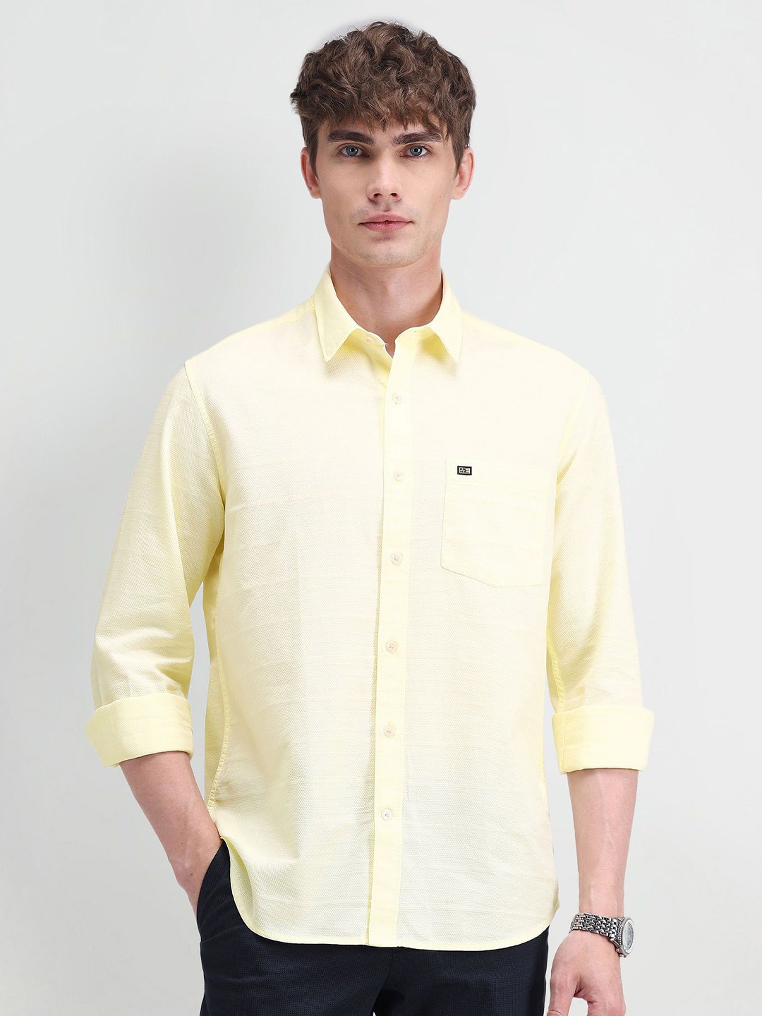 

Arrow Sport Men Comfort Spread Collar Textured Cotton Slim Fit Casual Shirt, Yellow