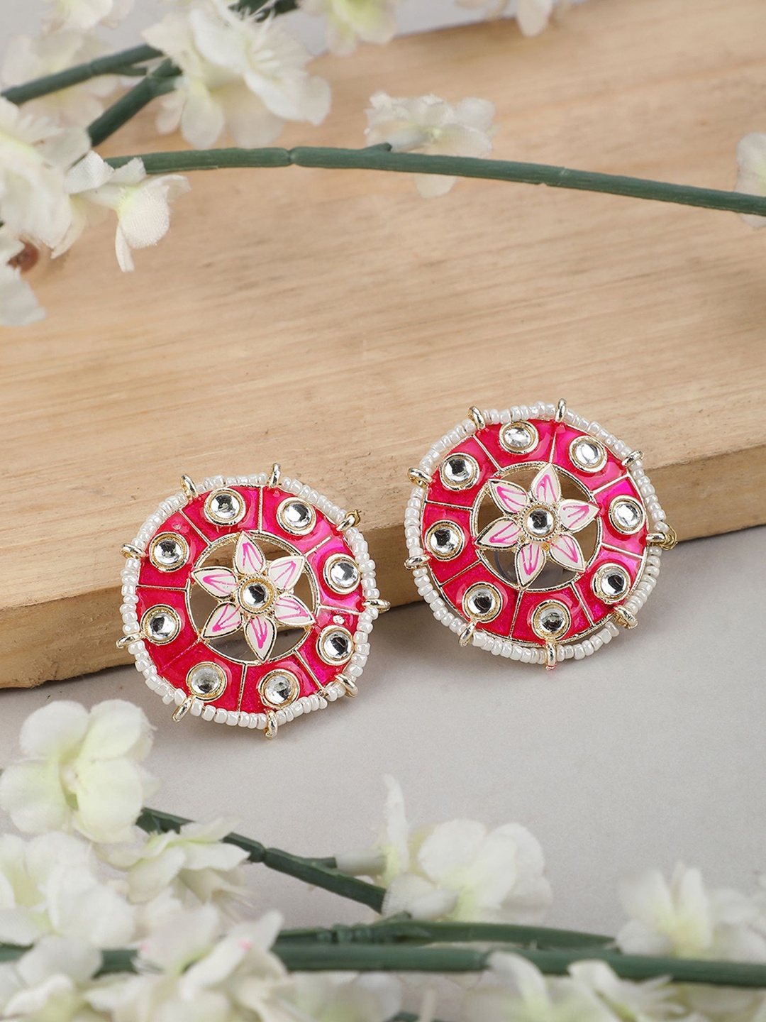

ANIKAS CREATION Gold Plated Kundan Circular Studs, Red
