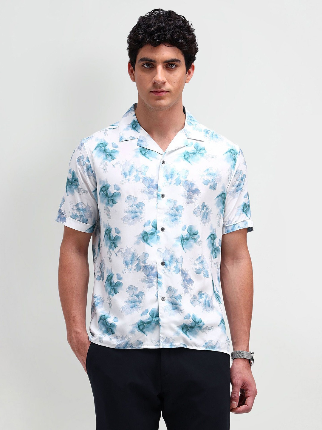 

Arrow New York Men Modern Cuban Collar Floral Printed Cotton Slim Fit Casual Shirt, White