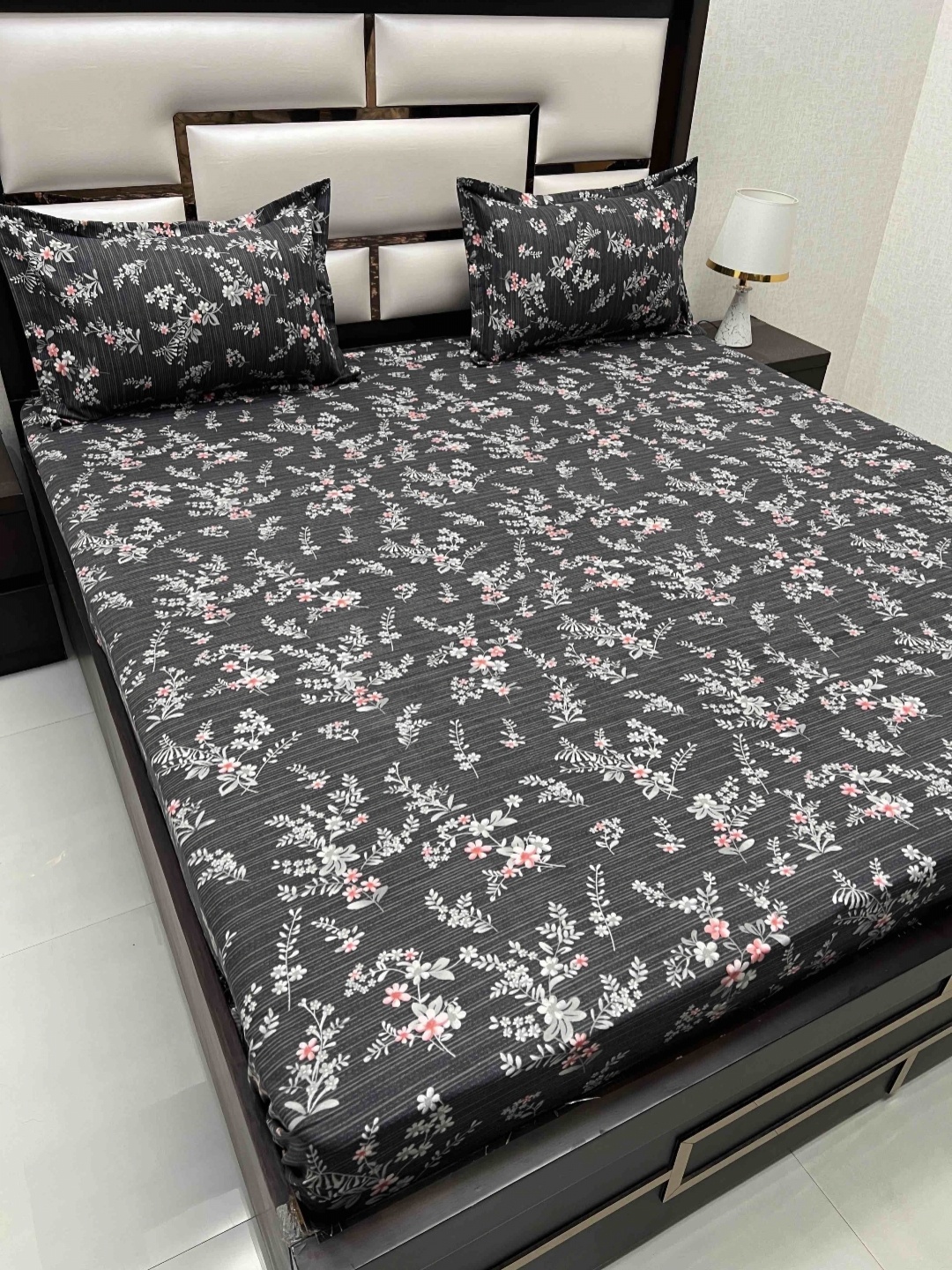 

Pure Decor Amulya Black Floral 330 TC Microfiber Queen Bedsheet with 2 Pillow Covers