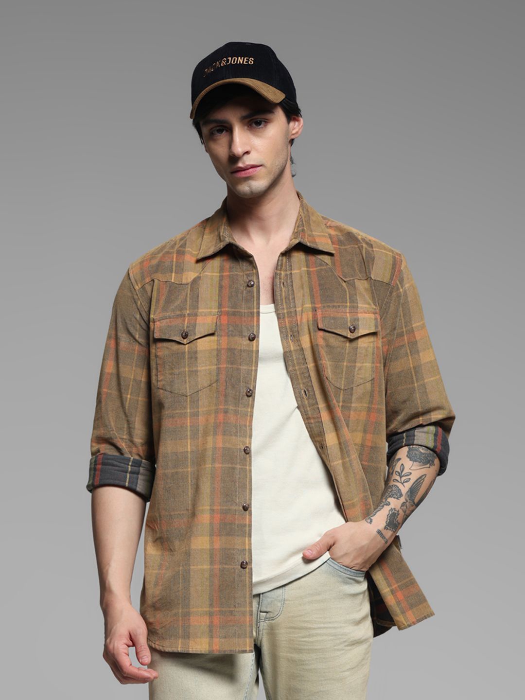 

Jack & Jones Men Spread Collar Tartan Checked Cotton Casual Shirt, Yellow