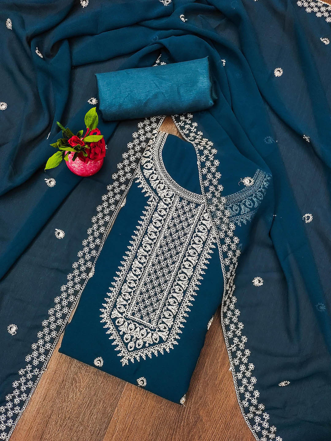 

Ishin Floral Embroidered Silk Georgette Unstitched Dress Material, Teal