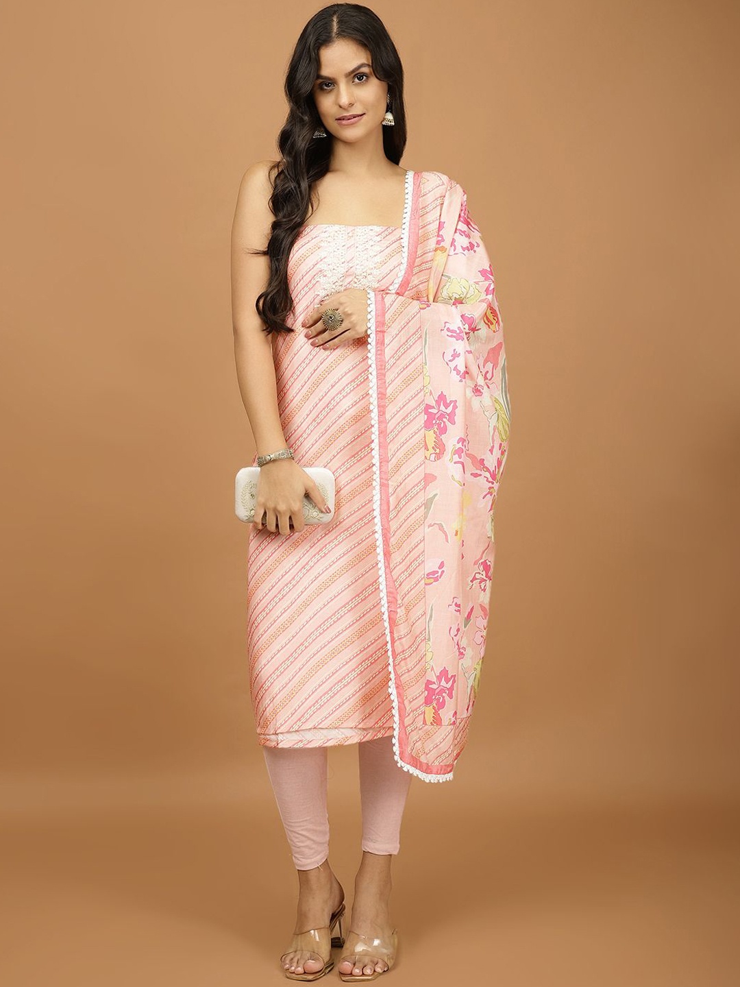 

Meena Bazaar Striped Printed Thread Work Unstitched Dress Material, Peach