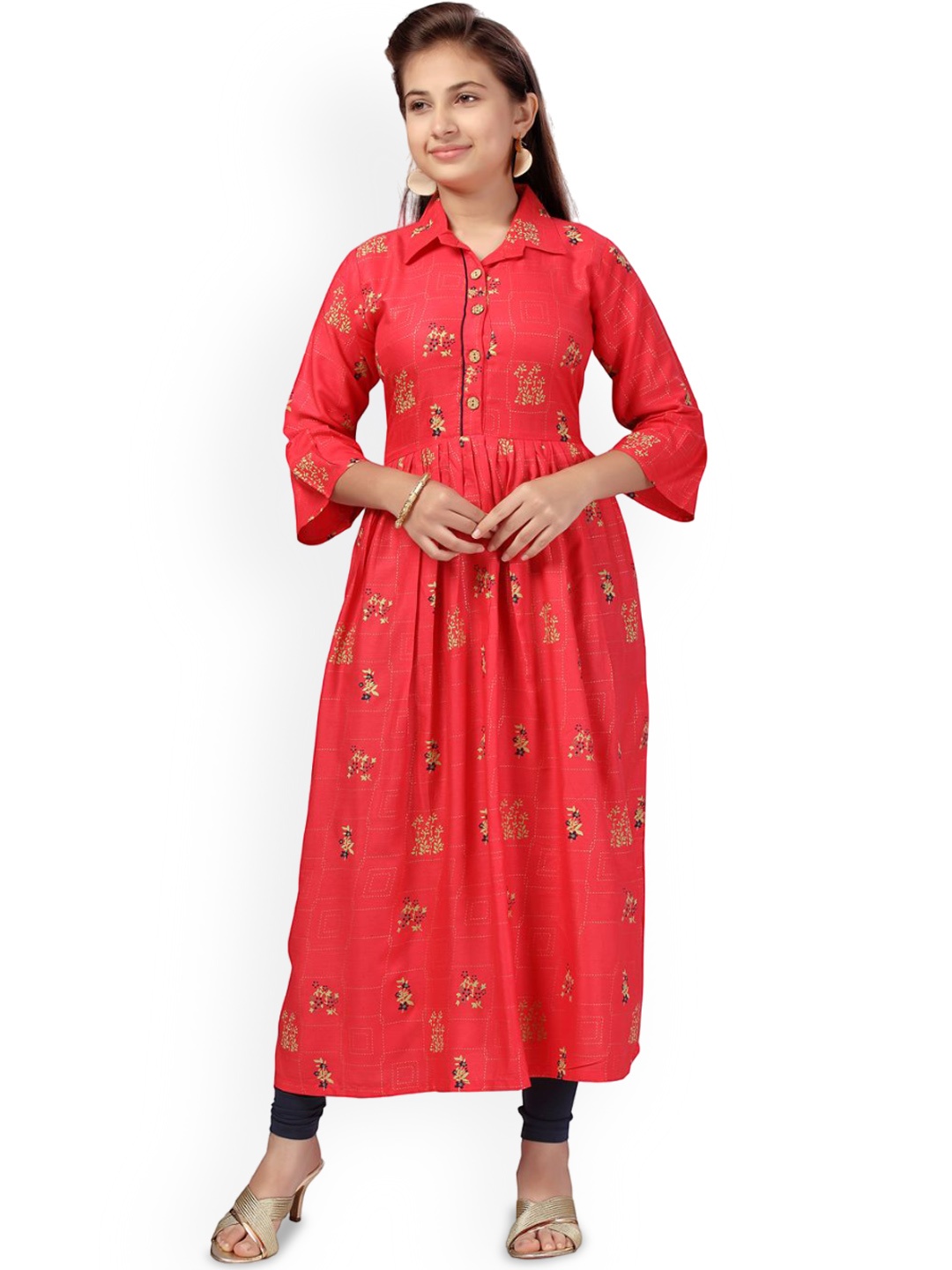 

BAESD Girls Floral Printed Shirt Collar Pure Cotton Straight Kurta, Red