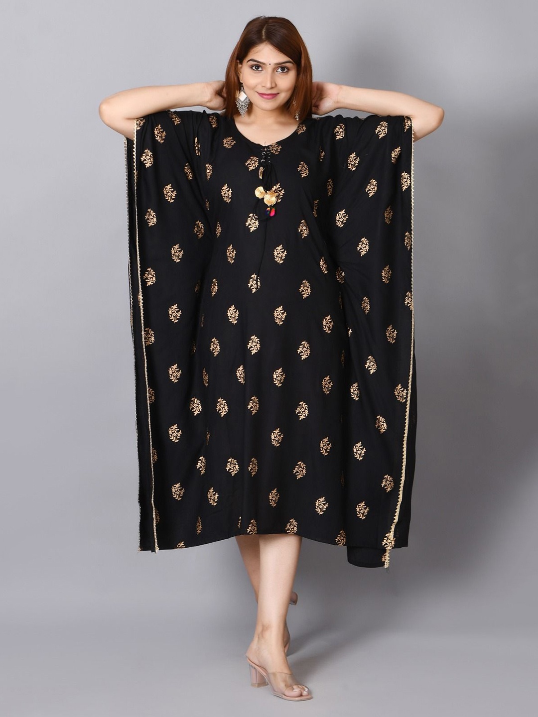 

Cloth Bites Ethnic Motifs Printed Kaftan Ethnic Dress, Black