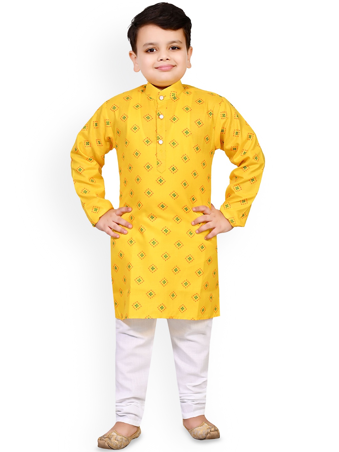 

Arshia Fashions Boys Ethnic Motifs Printed Mandarin Collar Straight Kurta with Pyjamas, Yellow