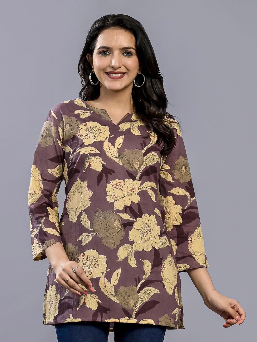 

PIDAVLIYA'S Floral Printed V-Neck Pure Cotton Kurti, Brown