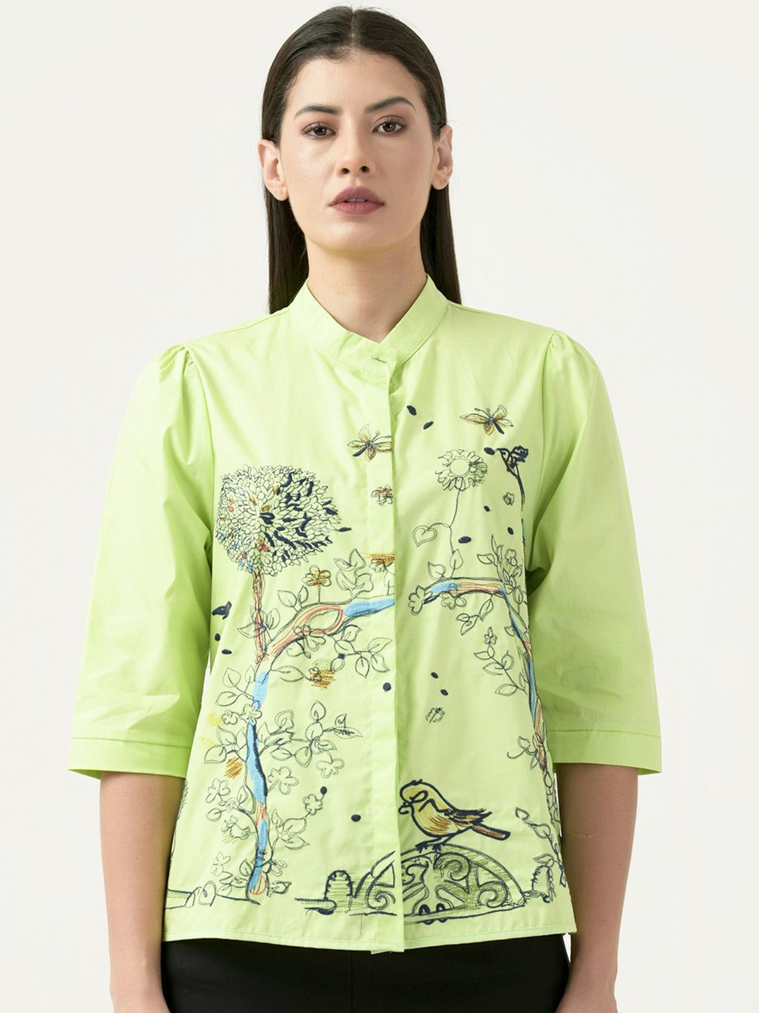 

Albion By CnM Women Floral Printed Mandarin Collar Top, Green