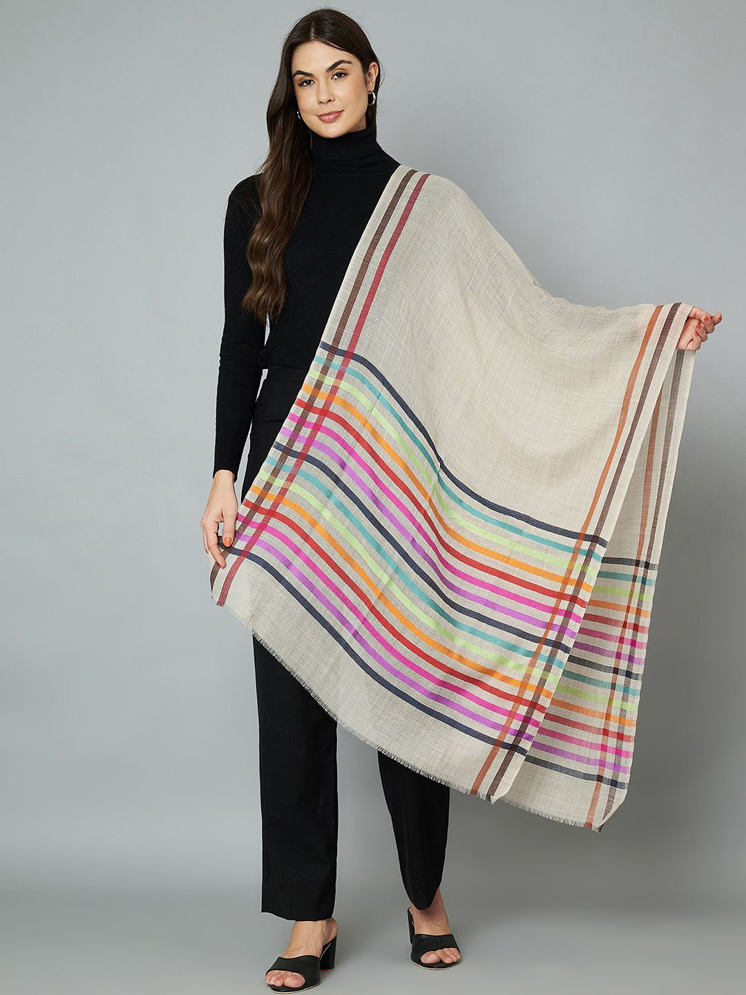 

MUFFLY Women Striped Stole, Beige