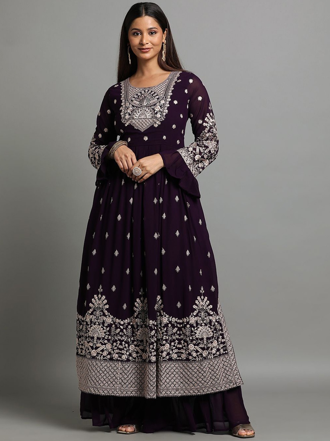 

Miss Ethnik Ethnic Motifs Embroidered Sequinned Straight Kurta with Sharara & Dupatta, Purple