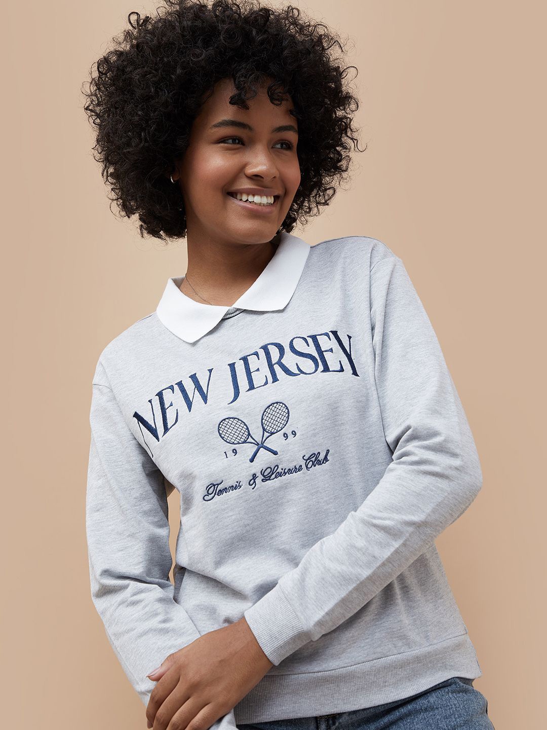 

Fame Forever by Lifestyle Women Typography Printed Shirt Collar Sweatshirt, Grey