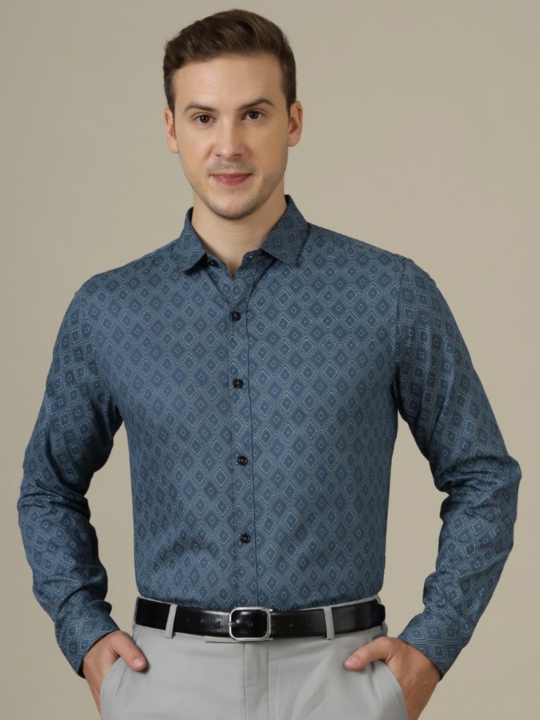 

Gavin Paris Men Original Spread Collar Geometric Printed Cotton Semiformal Shirt, Blue