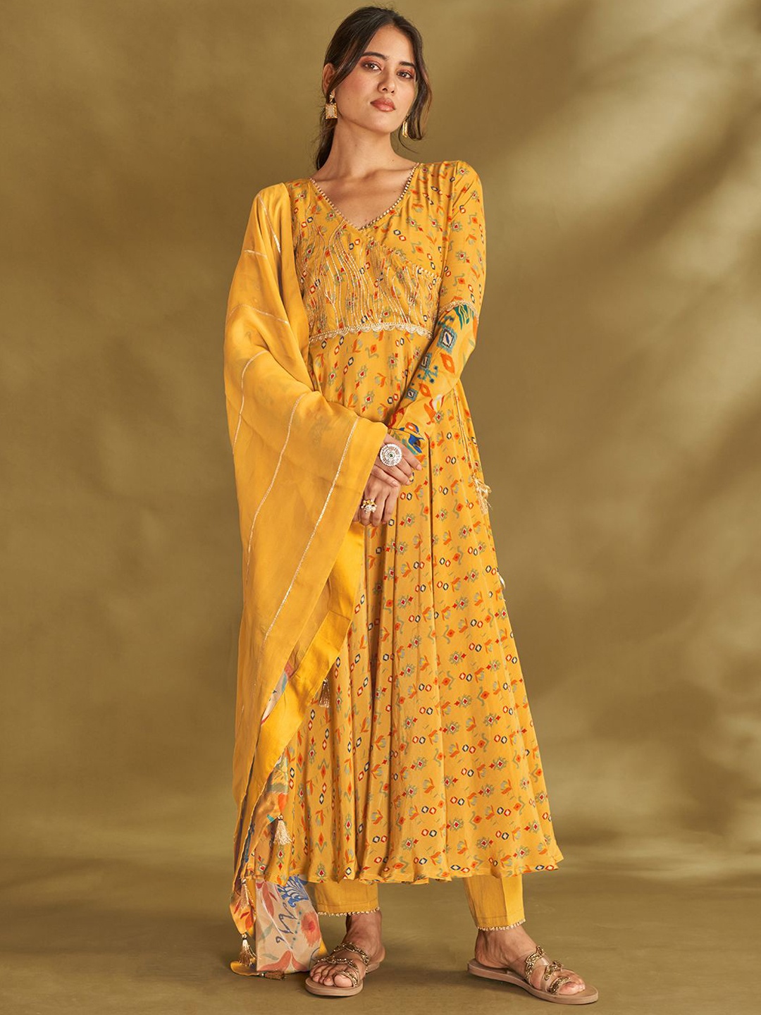 

Affroz Ethnic Motifs Printed Angrakha Silk Crepe Anarkali Kurta with Trousers & Dupatta, Yellow