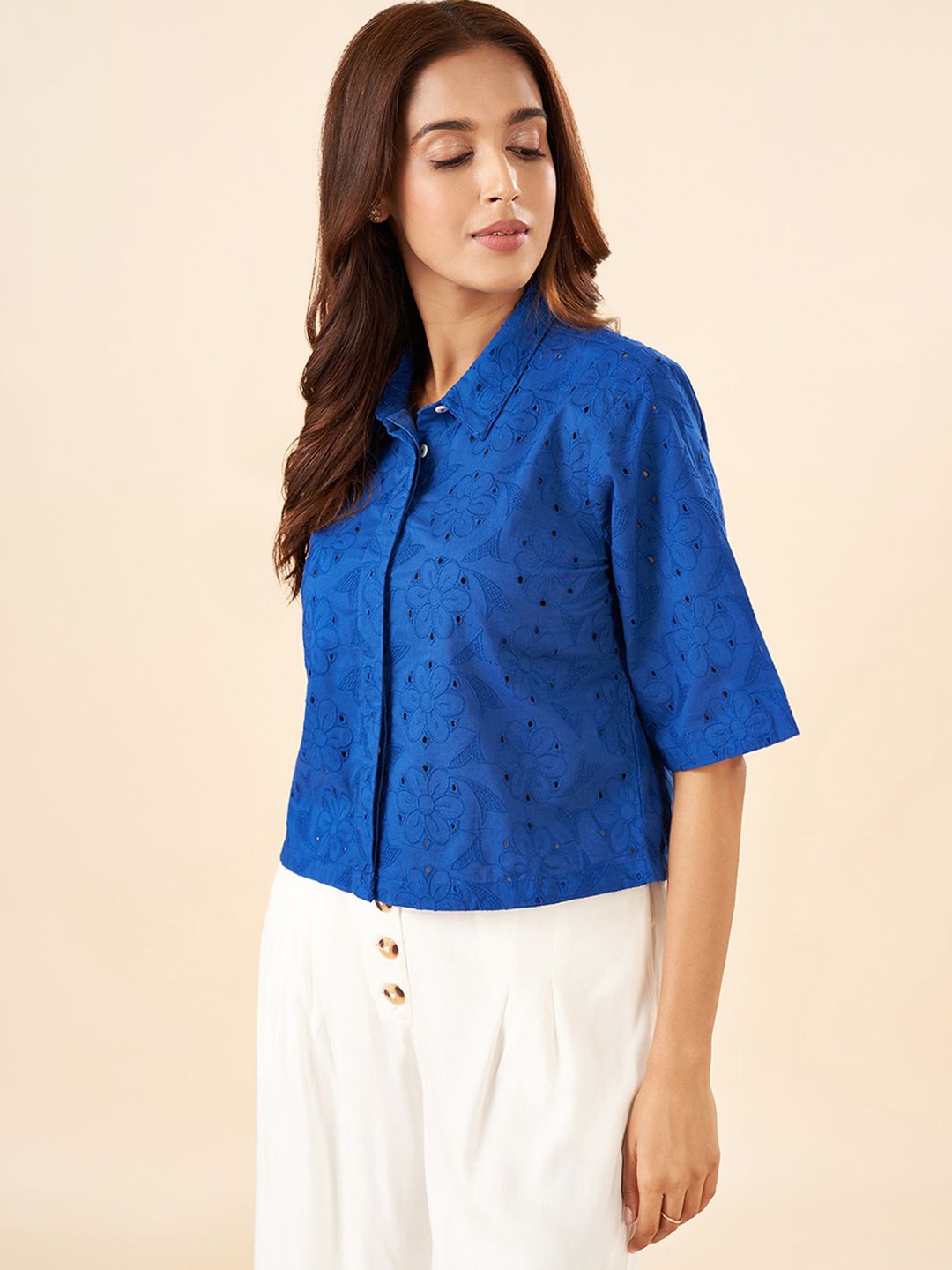 

AKKRITI BY PANTALOONS Print Cotton Shirt Style Top, Blue