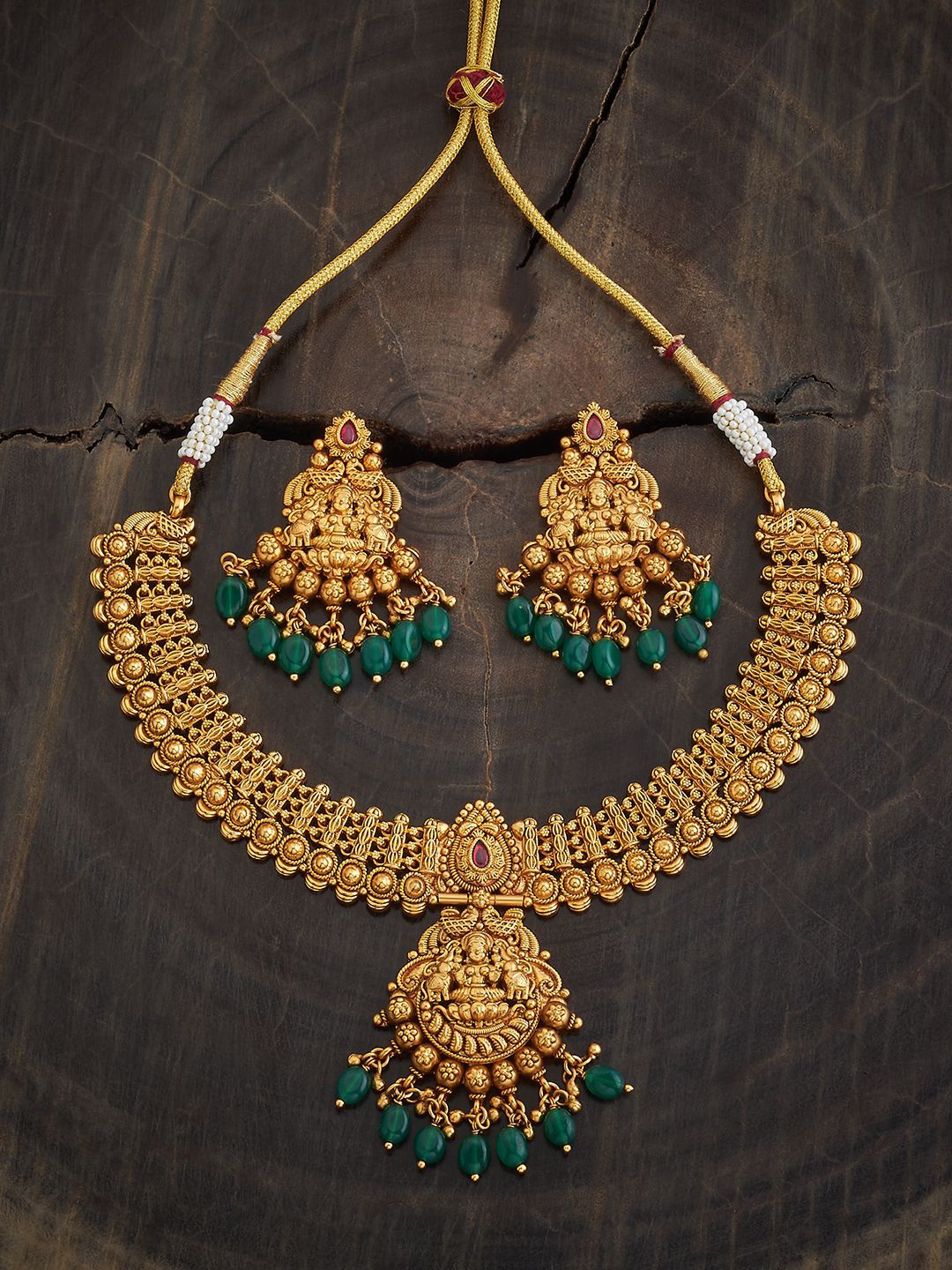 

Kushal's Fashion Jewellery Ruby-Green Gold-Plated Stones-Studded & Beaded Jewellery Set