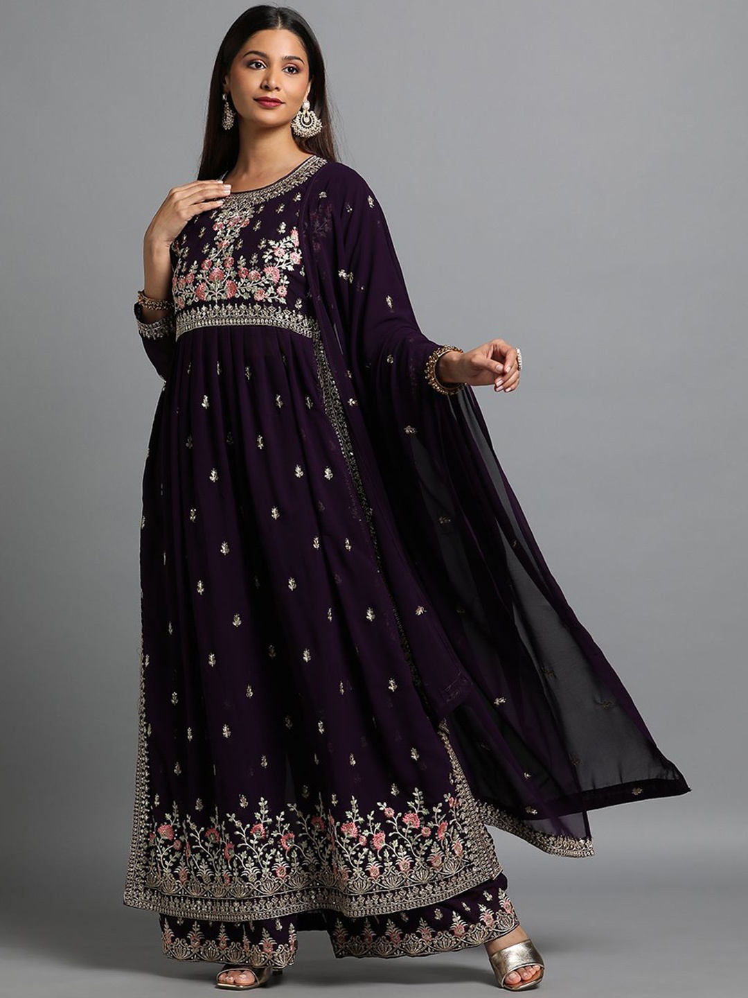 

Miss Ethnik Ethnic Motifs Embroidered Sequinned Straight Kurta with Palazzo & Dupatta, Purple