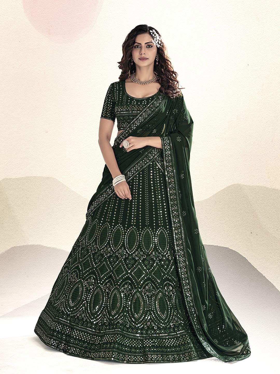 

Shee Star Embroidered Sequinned Semi-Stitched Lehenga & Unstitched Blouse With Dupatta, Green