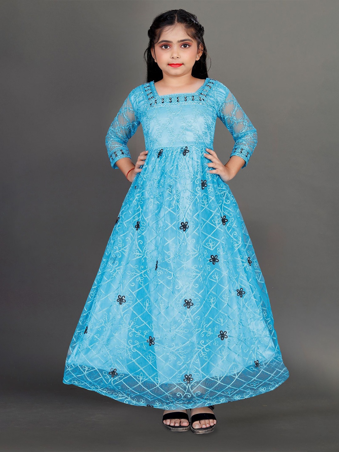 

LADY SHOPI Floral Embroidered Net Maxi Gown Dress, Turquoise blue