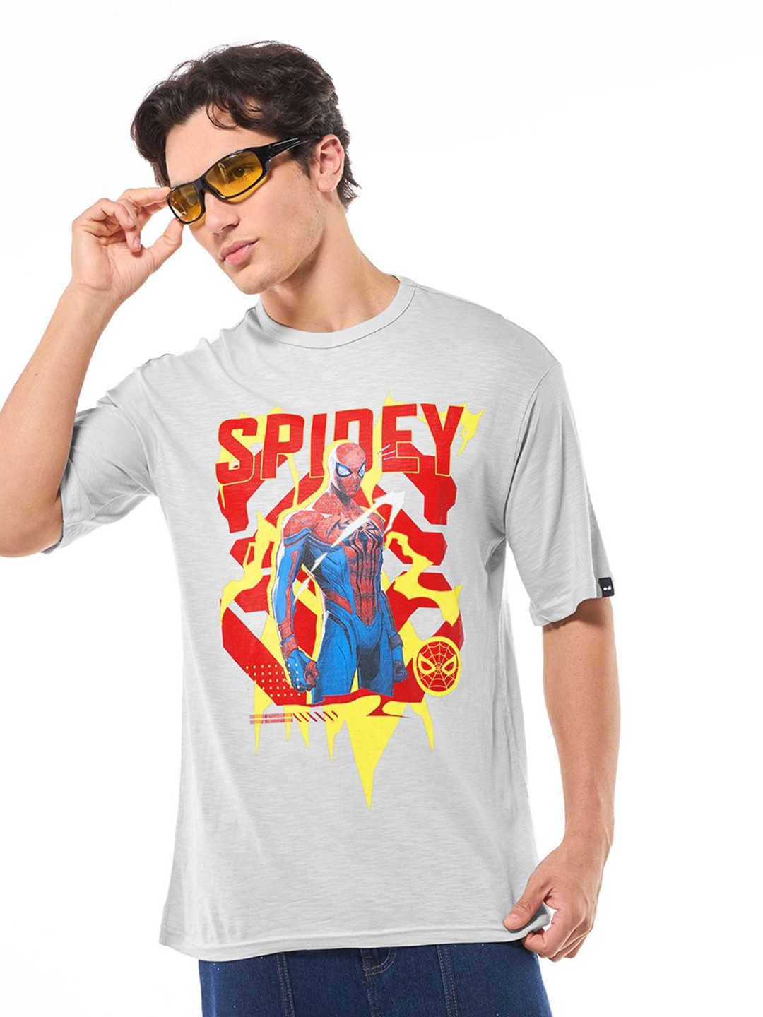 

Bewakoof Air 1.0 Men Vapour Blue Spidey Graphic Printed Oversized T-shirt, Grey