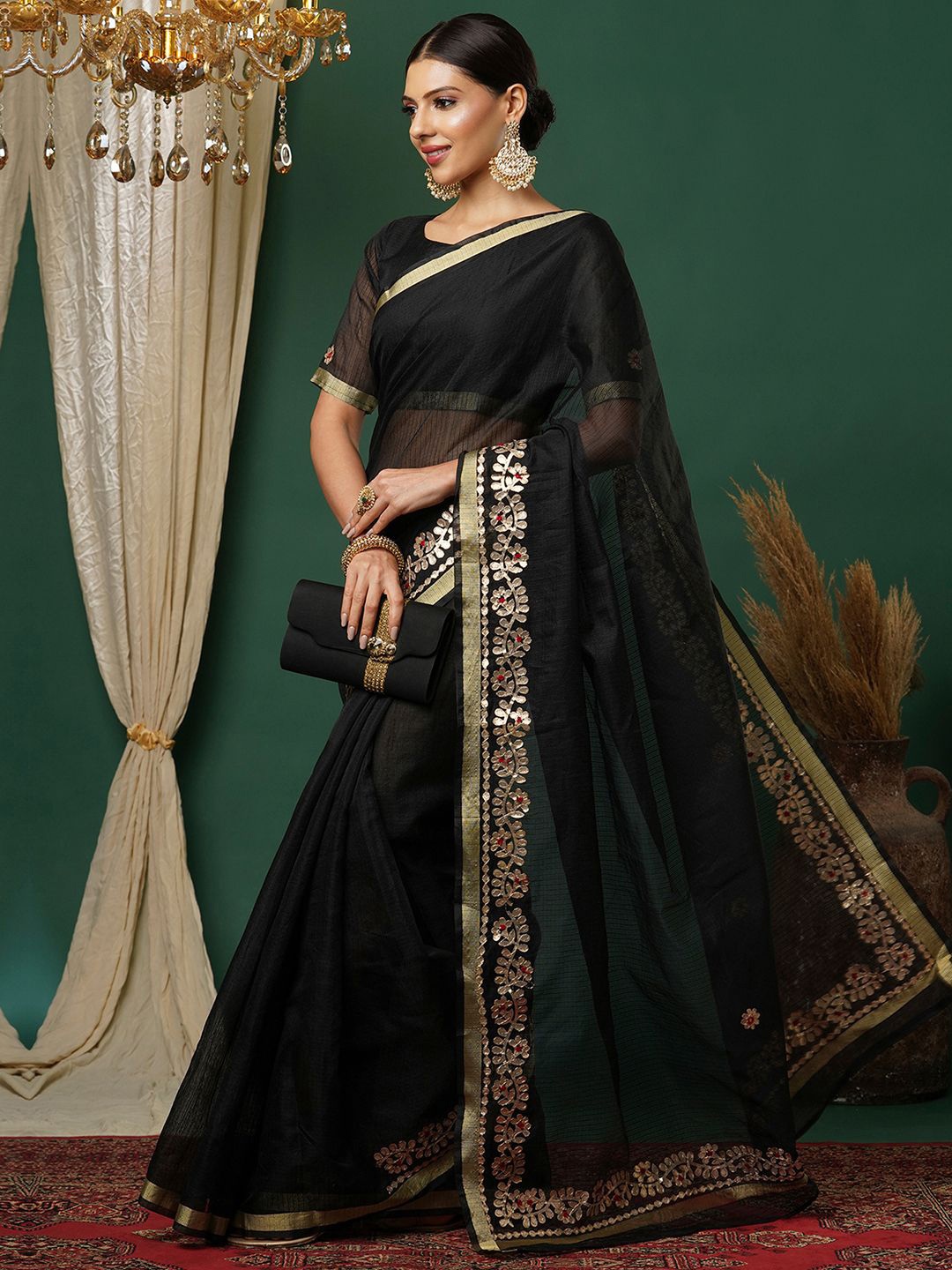 

Mitera Woven Design Zari Cotton Blend Banarasi Saree, Black