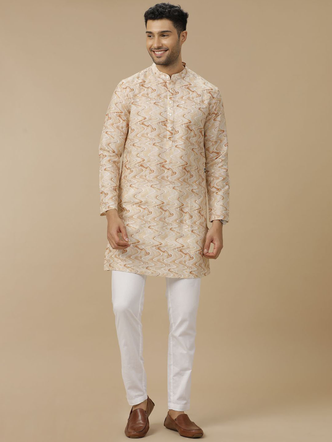 

Linen Club Abstract Printed Mandarin Collar Linen Straight Kurta, Brown