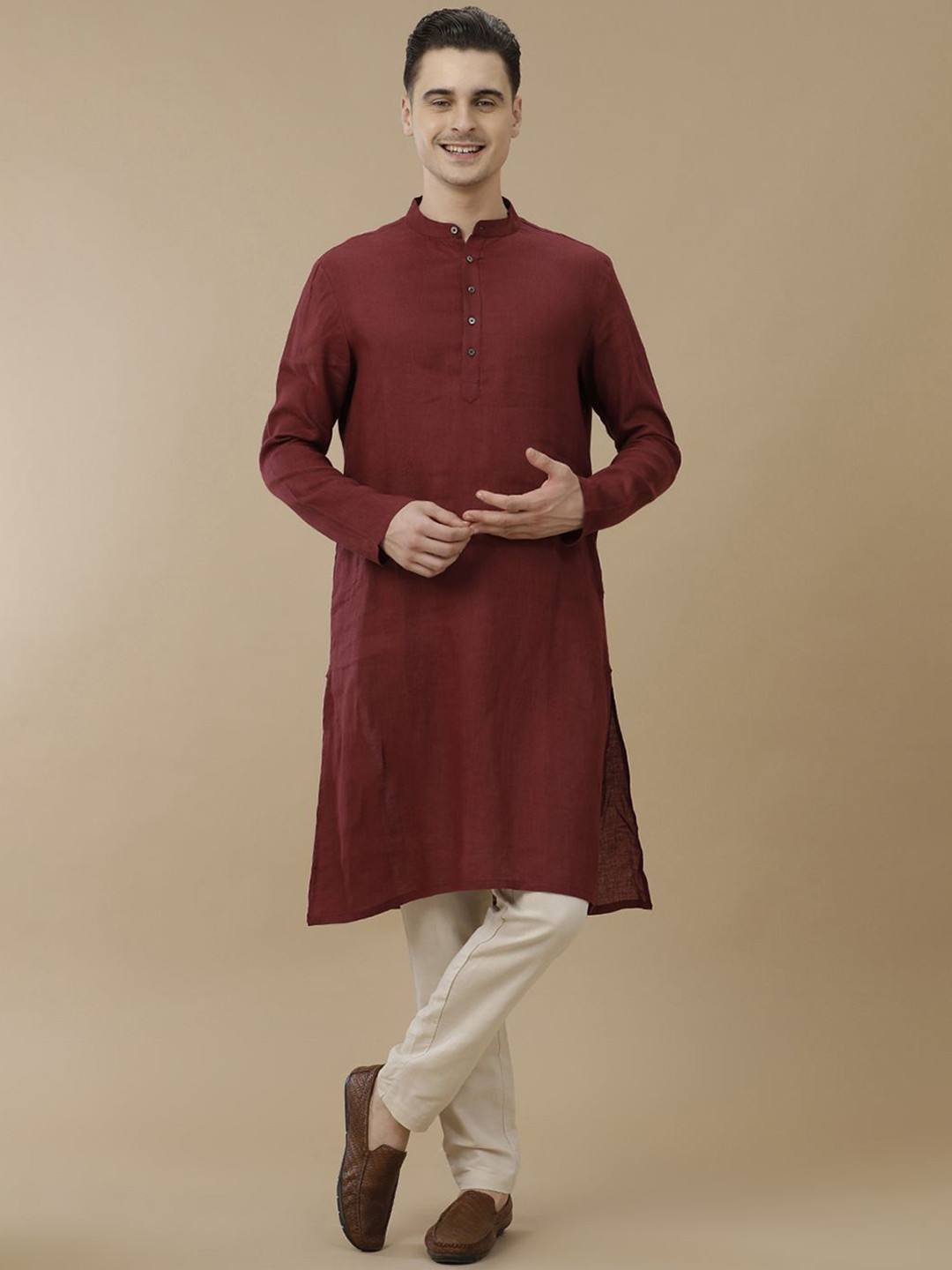 

Linen Club Mandarin Collar Linen Straight Kurta, Maroon