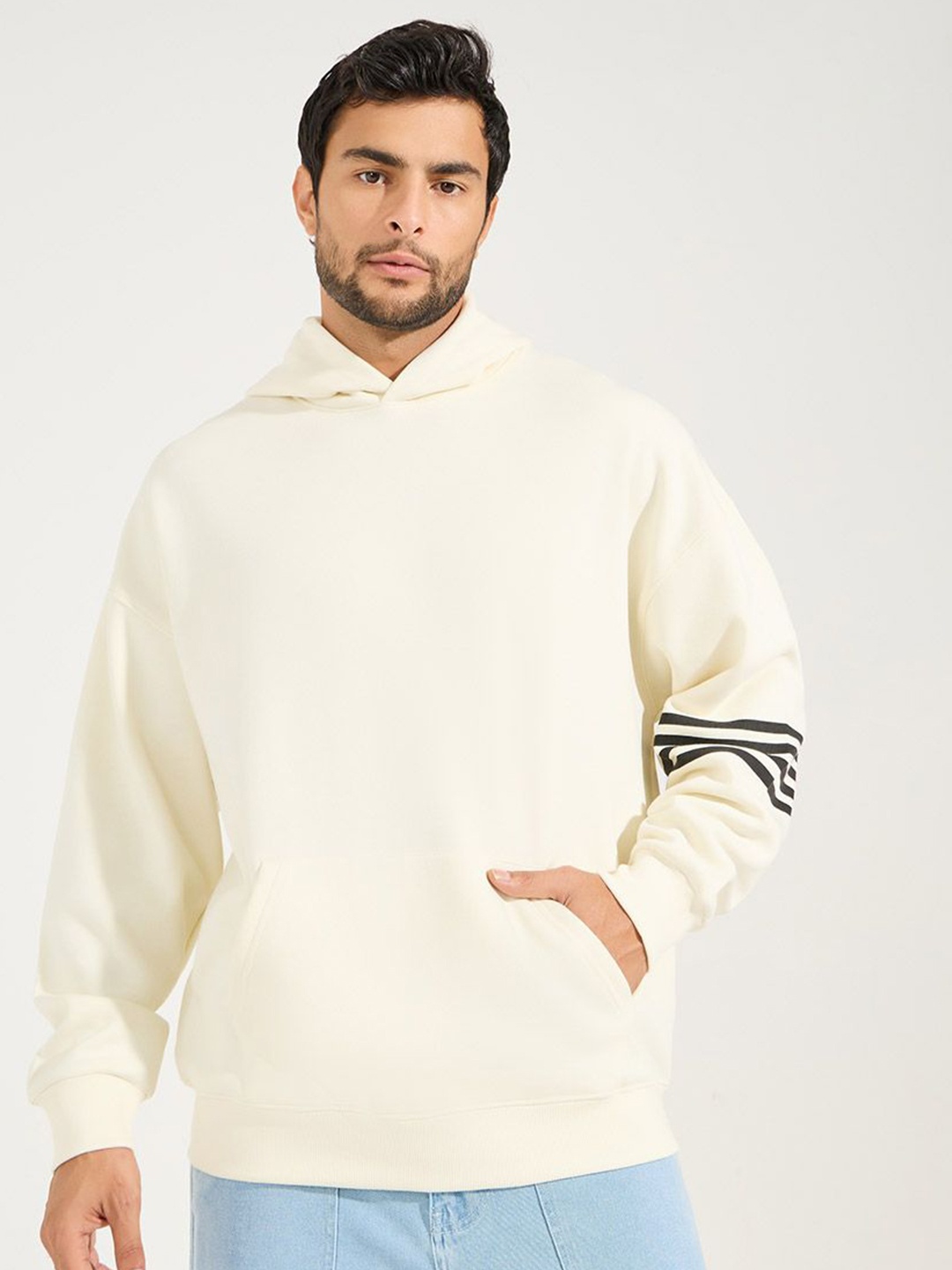 

Styli Men Oversized Striped Panel Heavy Hoodie, Cream