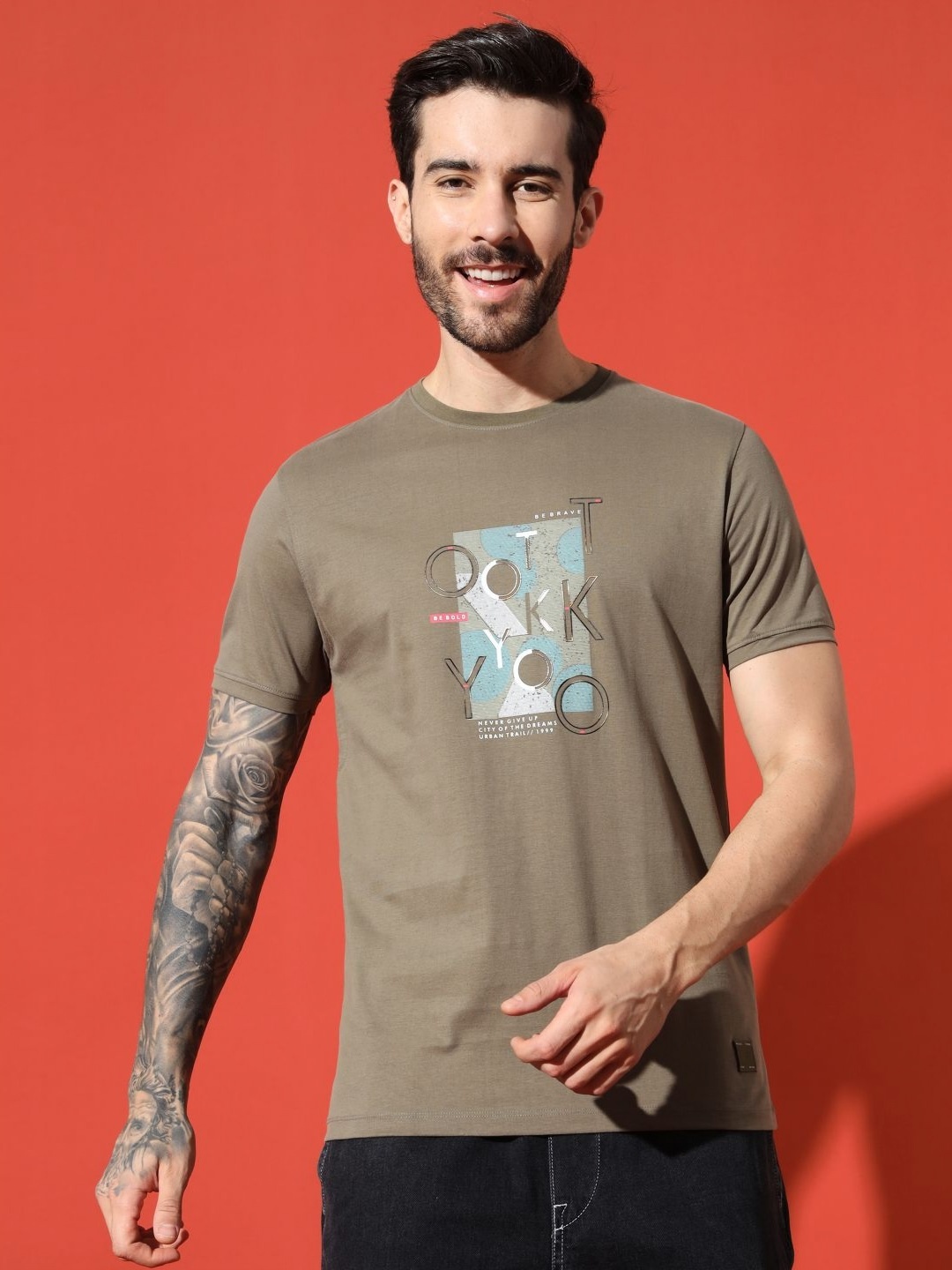 

URBAN TRAIL Men Graphic Printed Round Neck Cotton T-shirt, Beige