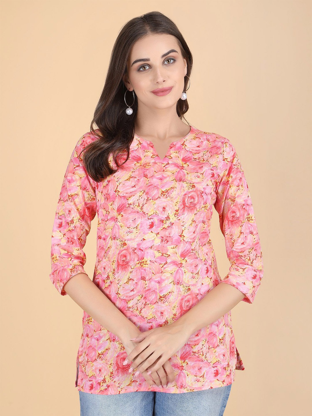 

PIDAVLIYA'S Floral Printed Pure Cotton Kurti, Orange